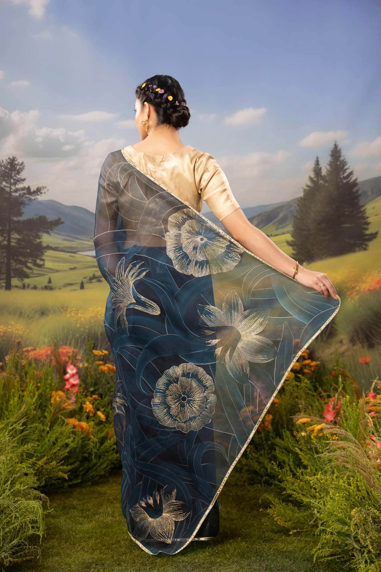 Gilded Daffodils-Blue Pure Organza Silk Saree - Image 6