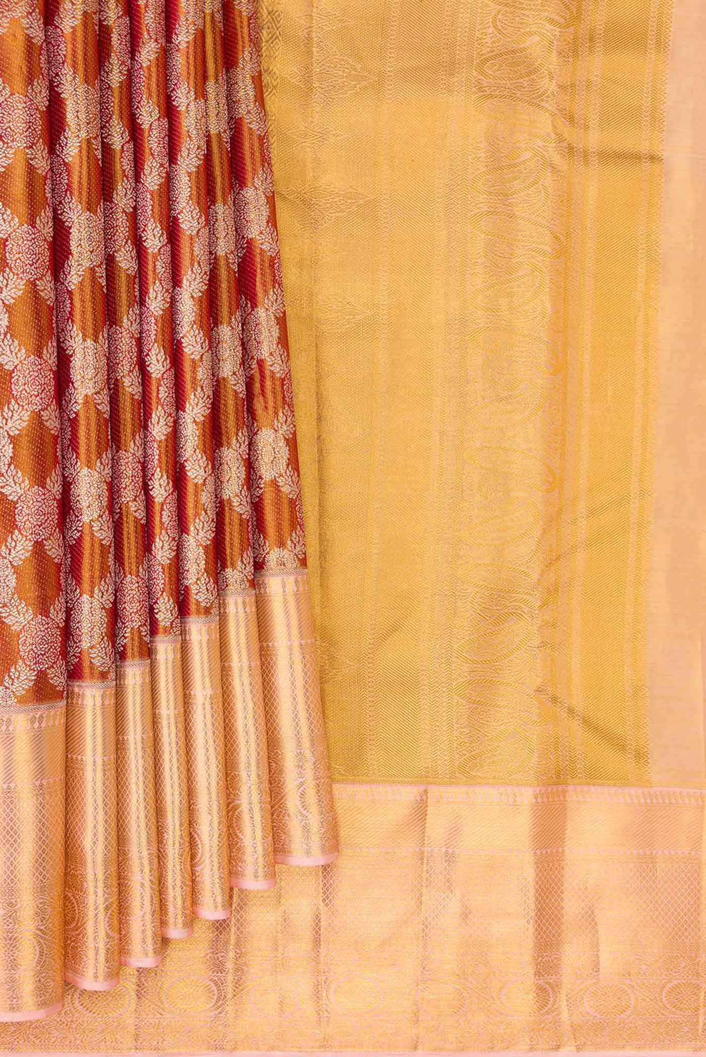 Gold with Rust Color Kanchipuram Tissue Silk Saree - Image 4