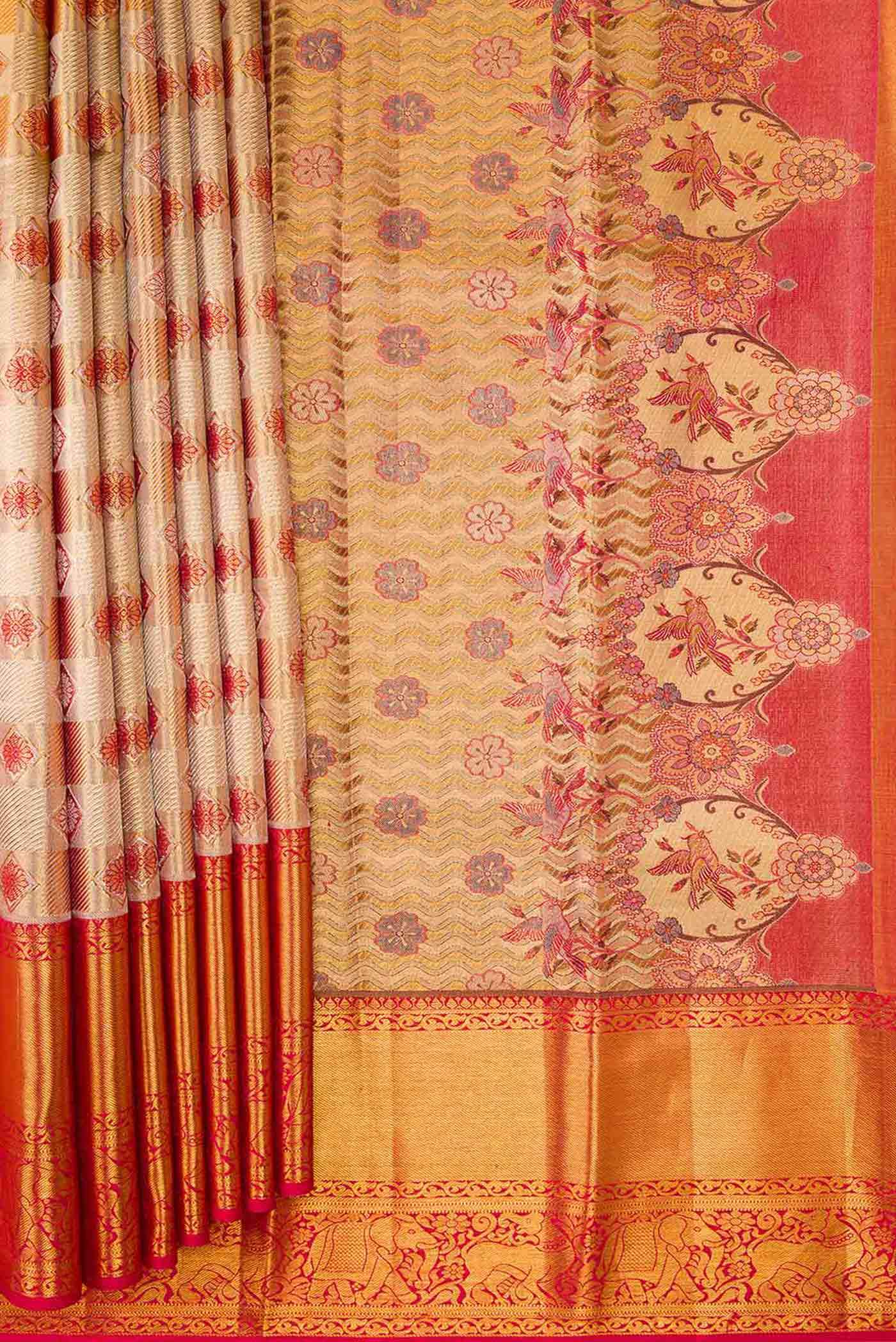 Gold with Coral Color Kanchipuram Tissue Silk Saree - Image 4