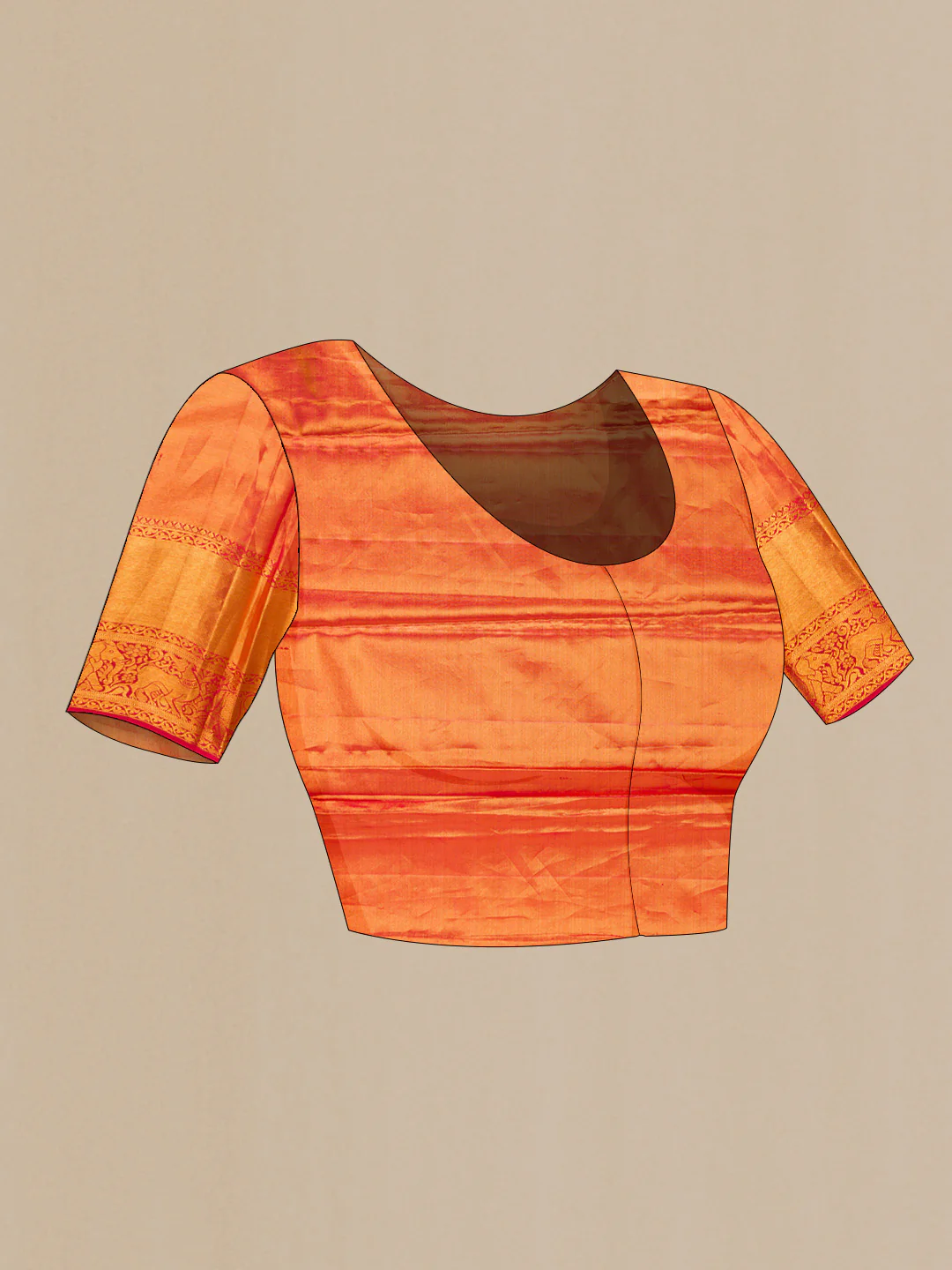 Gold with Coral Color Kanchipuram Tissue Silk Saree - Image 5