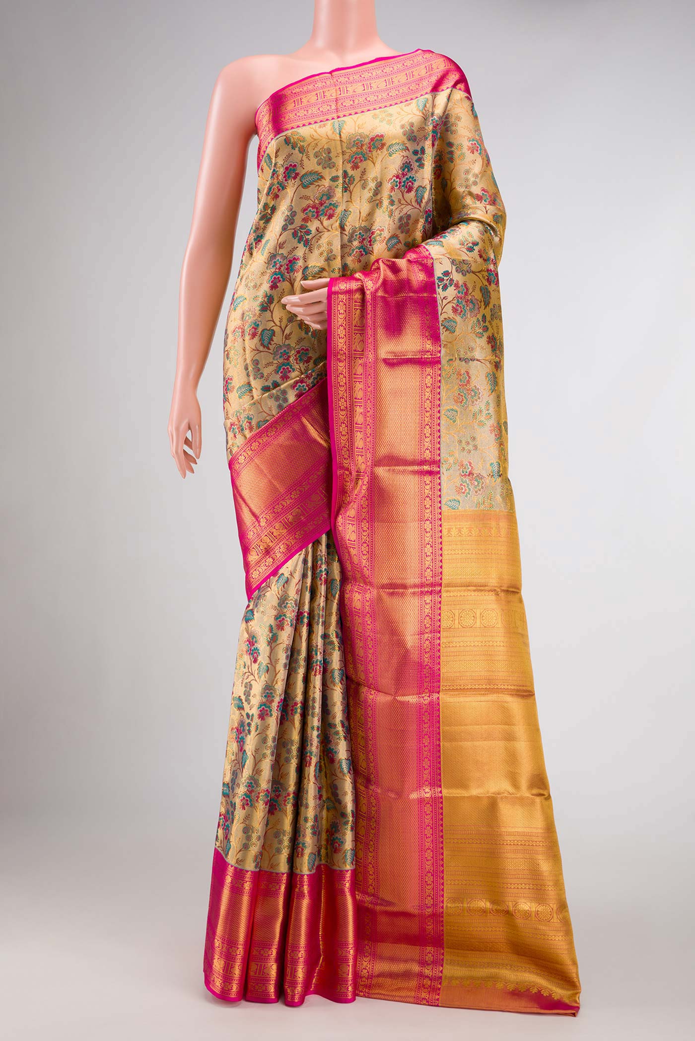 Gold with Pink Color Kanchipuram Tissue Silk Saree