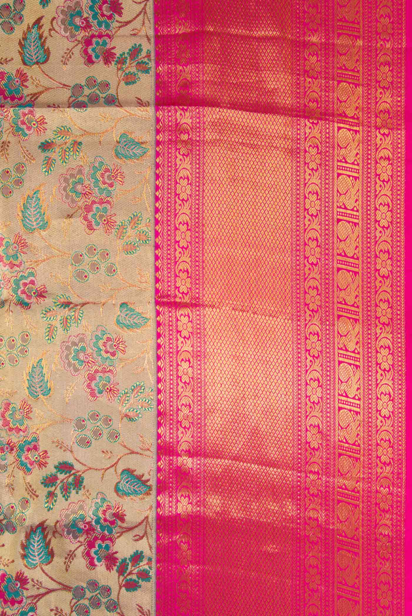Gold with Pink Color Kanchipuram Tissue Silk Saree - Image 3
