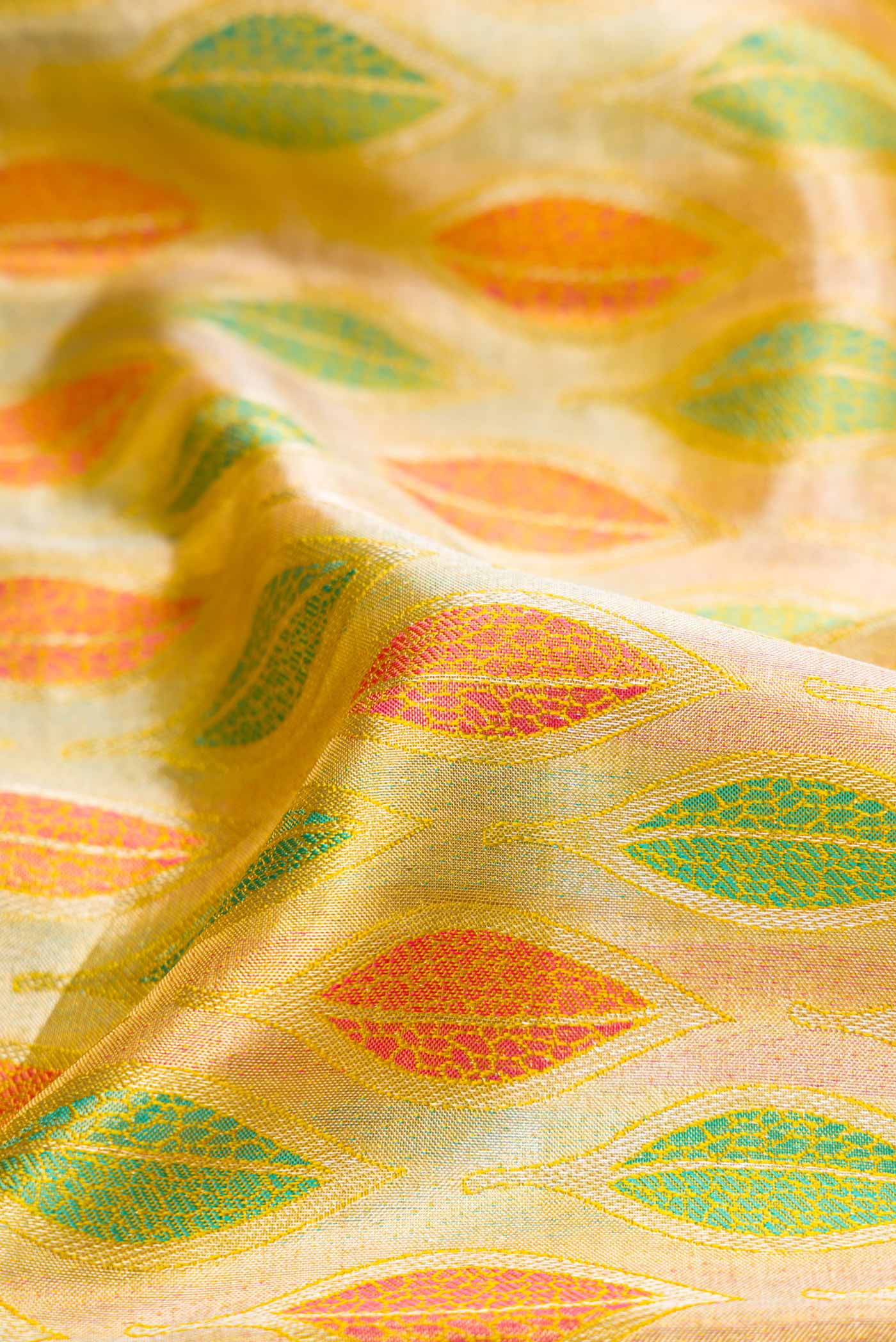 Gold ,Green and Pink Color Kanchipuram Tissue Silk Saree - Image 2