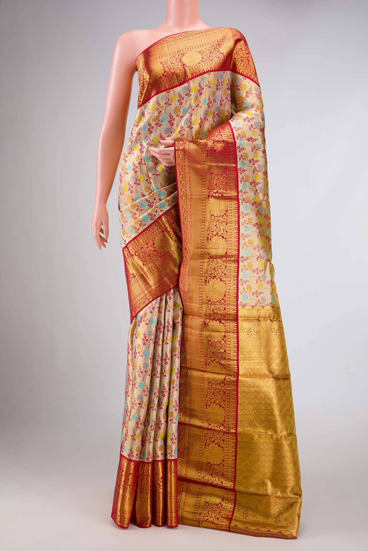Gold with Red Color Kanchipuram Tissue Silk Saree