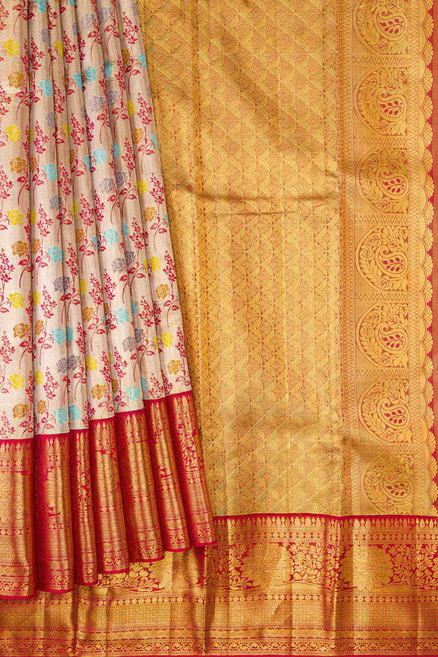 Gold with Red Color Kanchipuram Tissue Silk Saree - Image 4