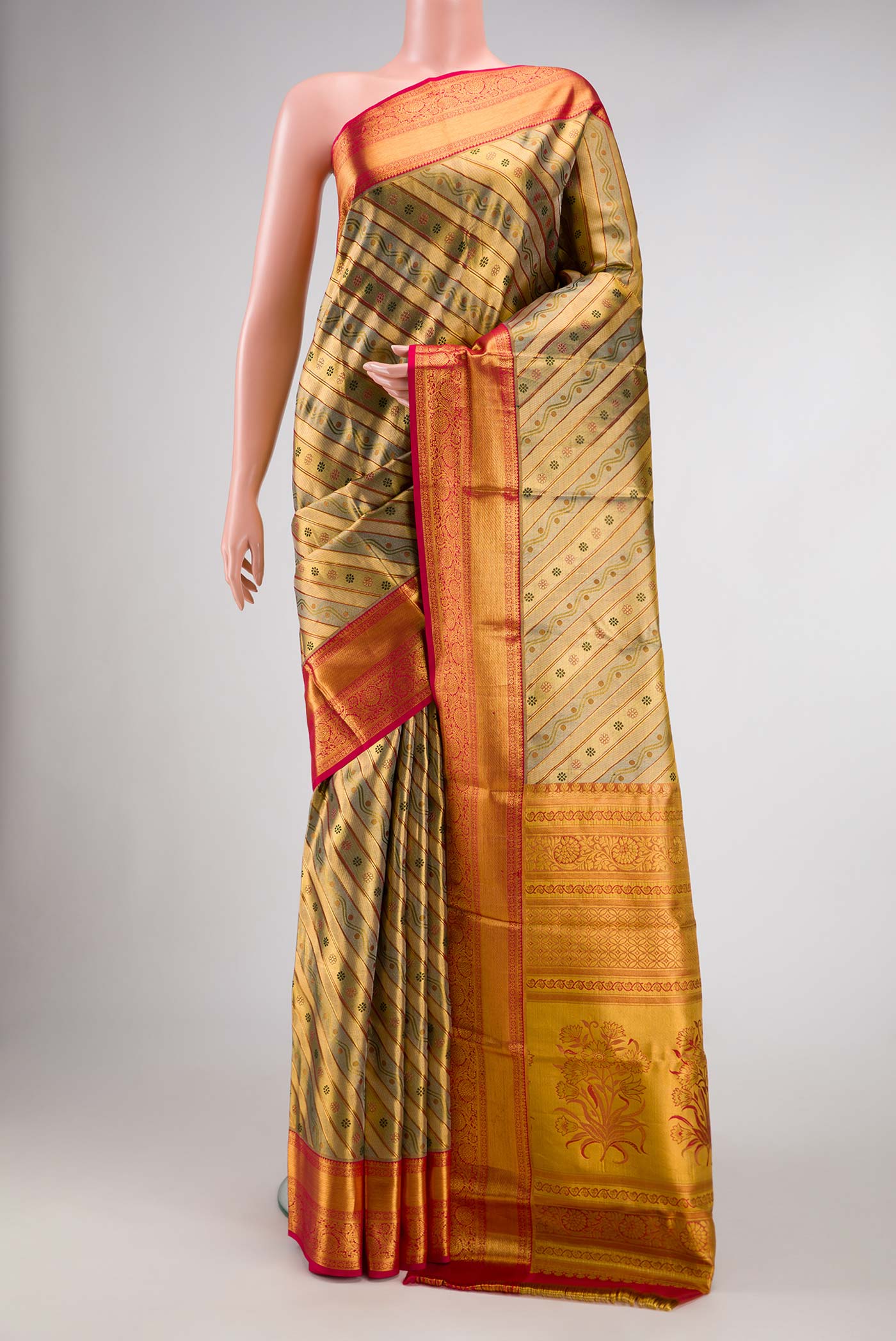 Green with Gold Color Kanchipuram Tissue Silk Saree