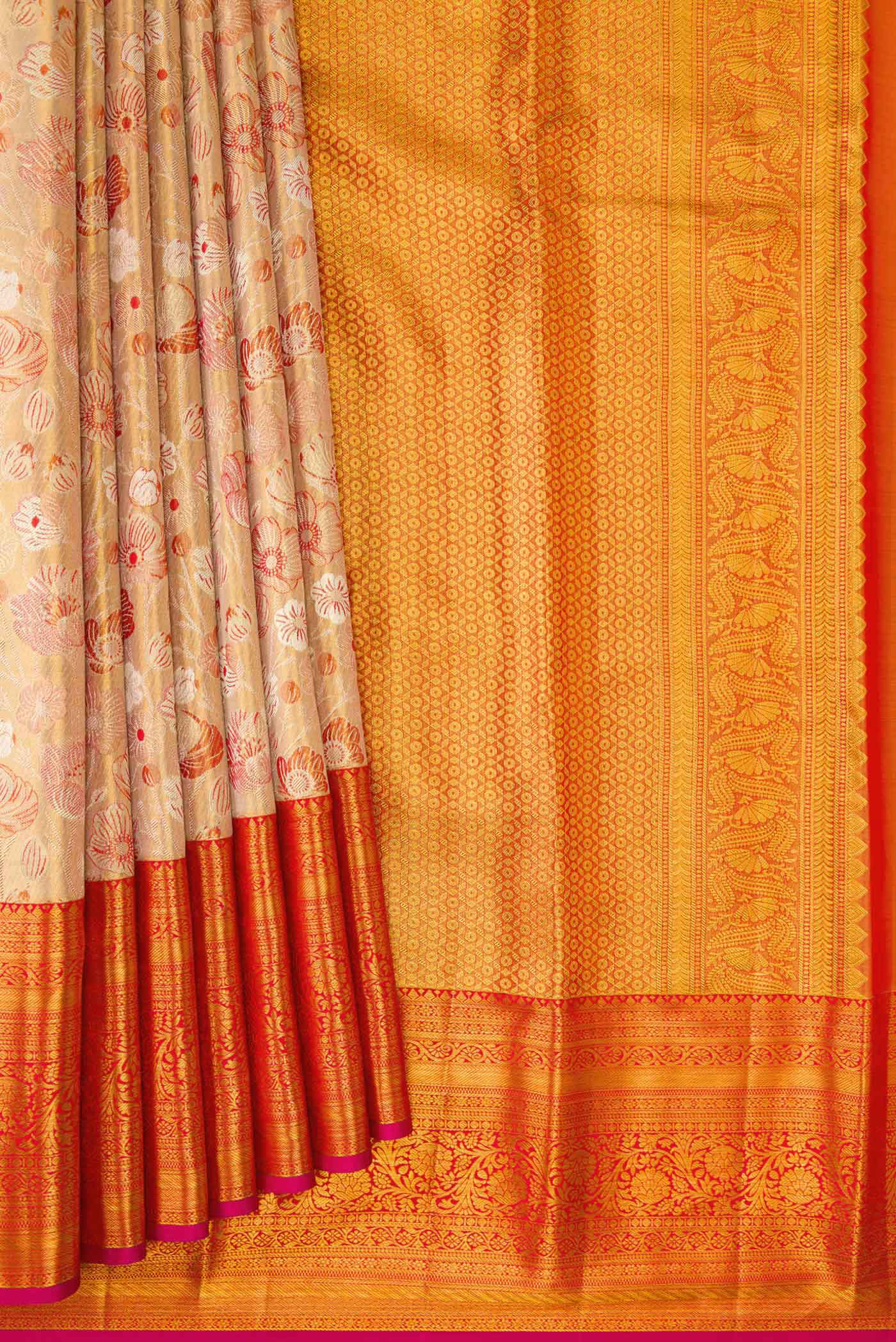 Gold with Red Color Kanchipuram Tissue Silk Saree - Image 4