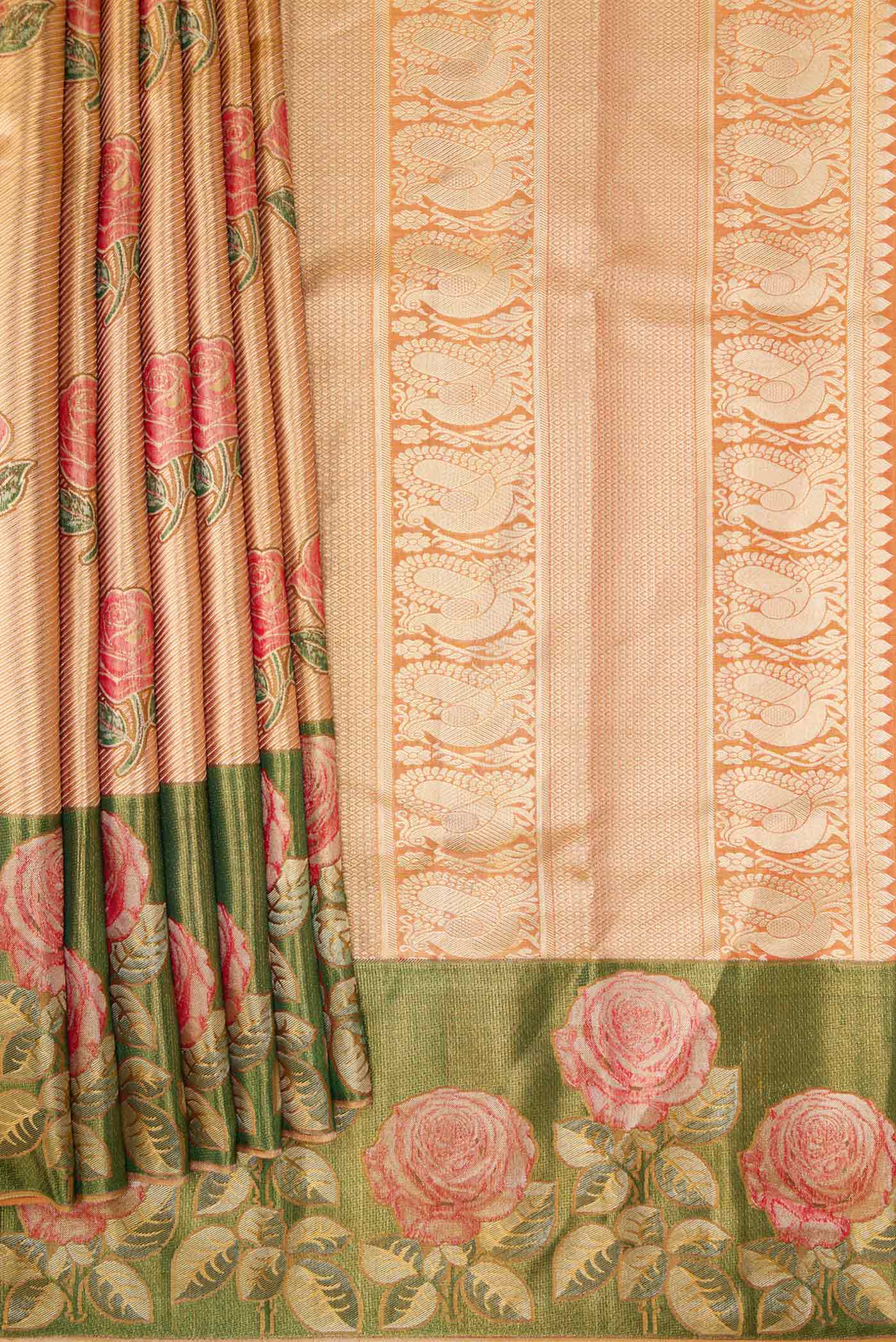 Gold with Rose Pink Color Kanjivaram Tissue Silk Saree - Image 4