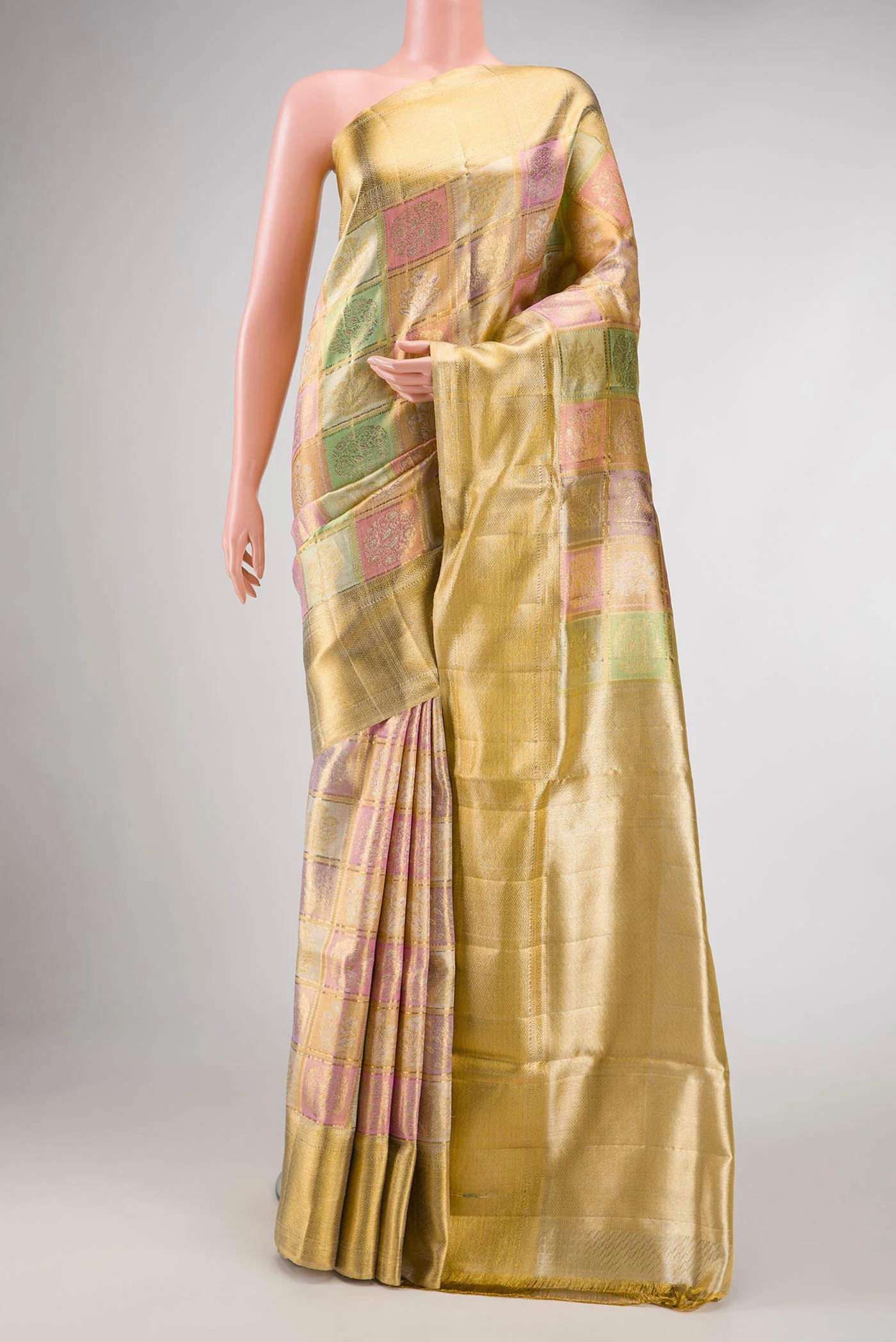 Gold, Sea Green, Pink and Purple Color Kanjivaram Tissue Silk Saree