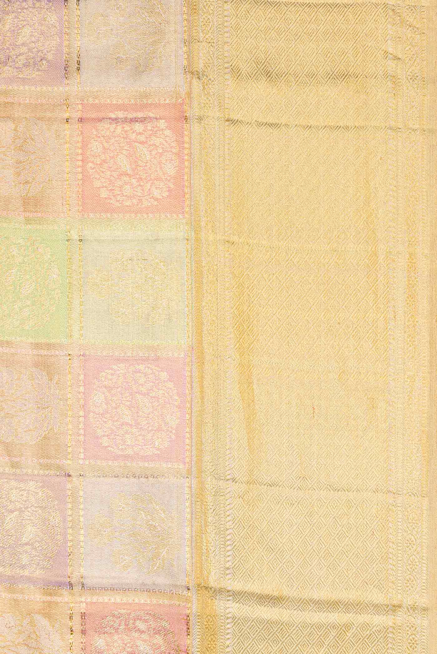 Gold, Sea Green, Pink and Purple Color Kanjivaram Tissue Silk Saree - Image 3