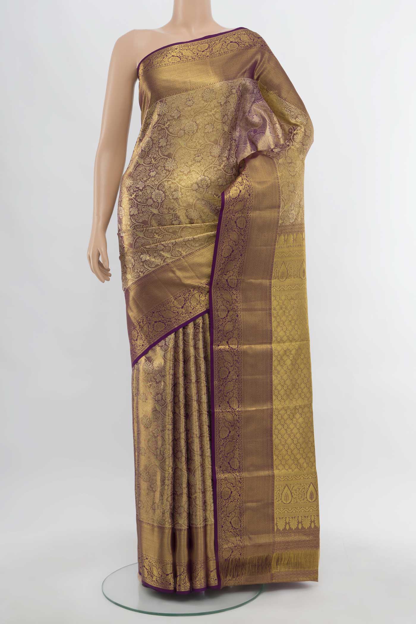 Golden with Violet Color Kanchipuram Tissue Silk Saree