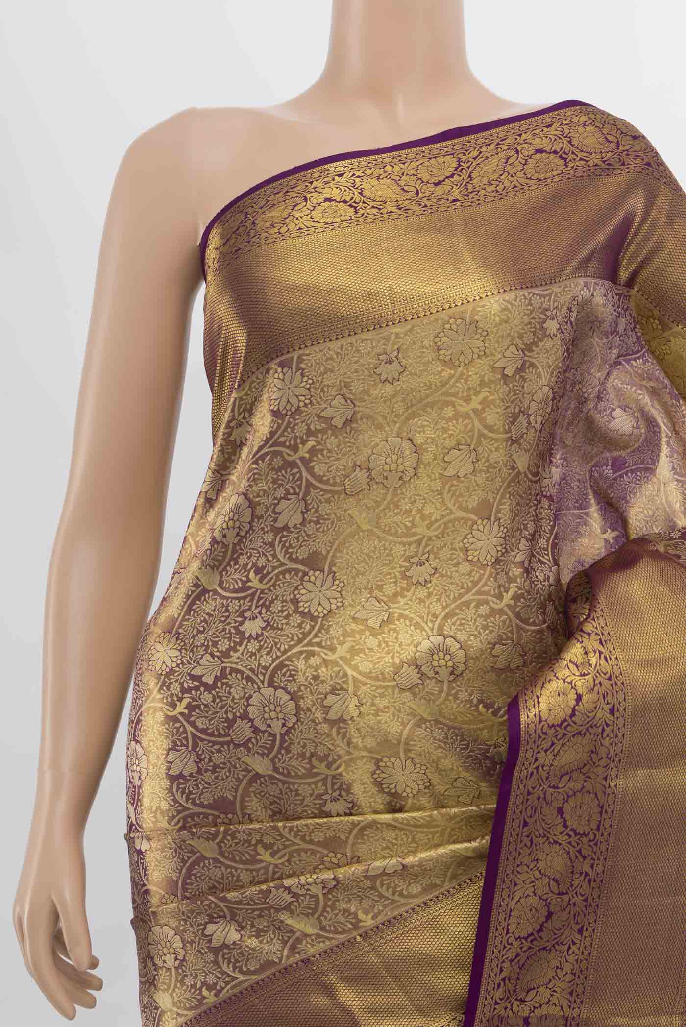 Golden with Violet Color Kanchipuram Tissue Silk Saree - Image 2
