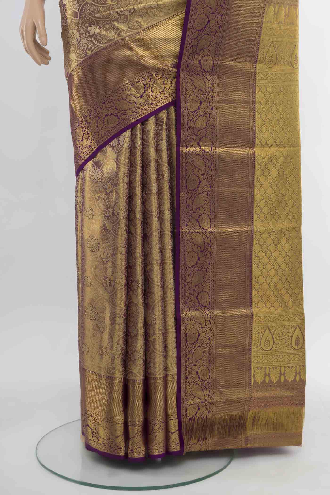 Golden with Violet Color Kanchipuram Tissue Silk Saree - Image 3