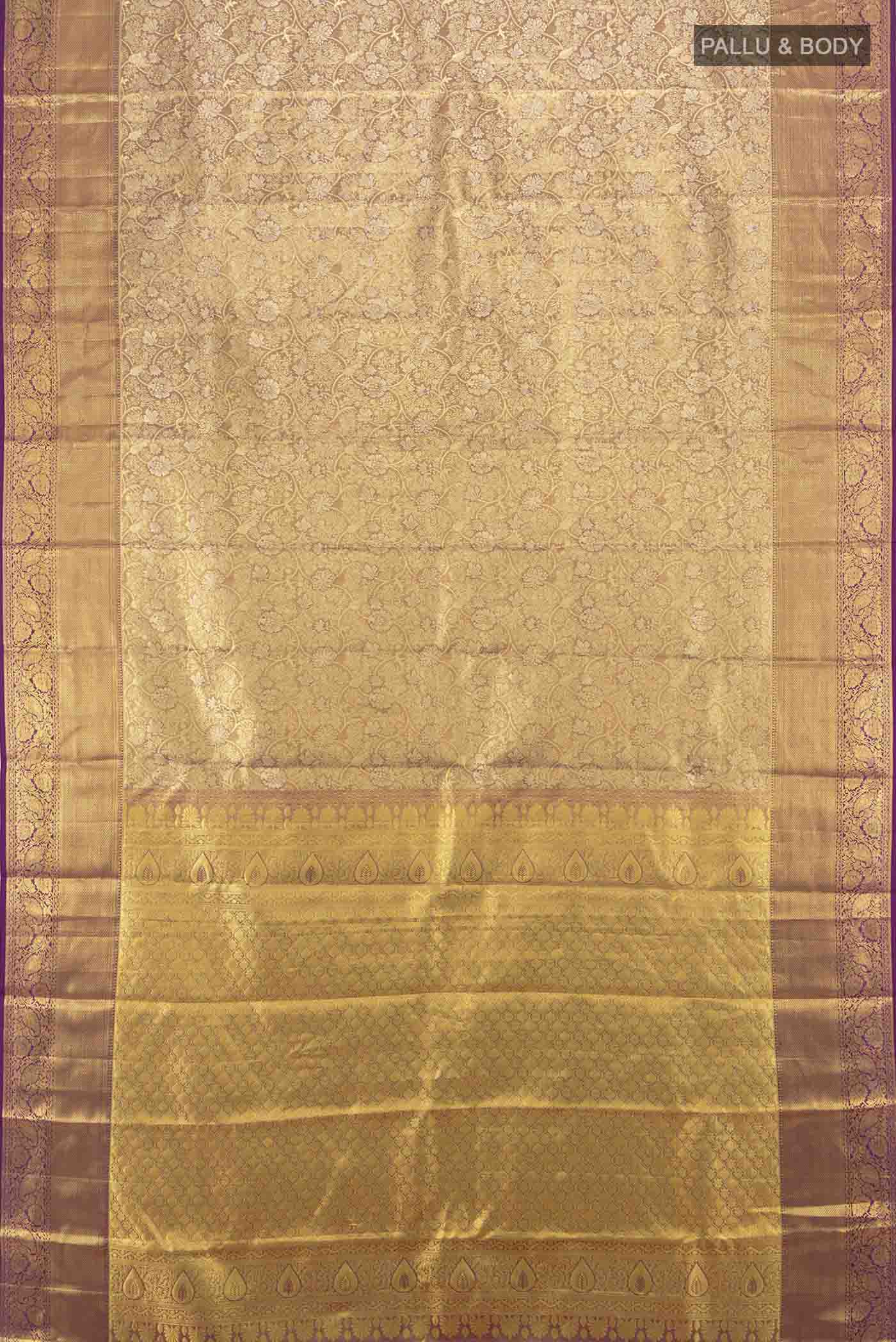 Golden with Violet Color Kanchipuram Tissue Silk Saree - Image 5