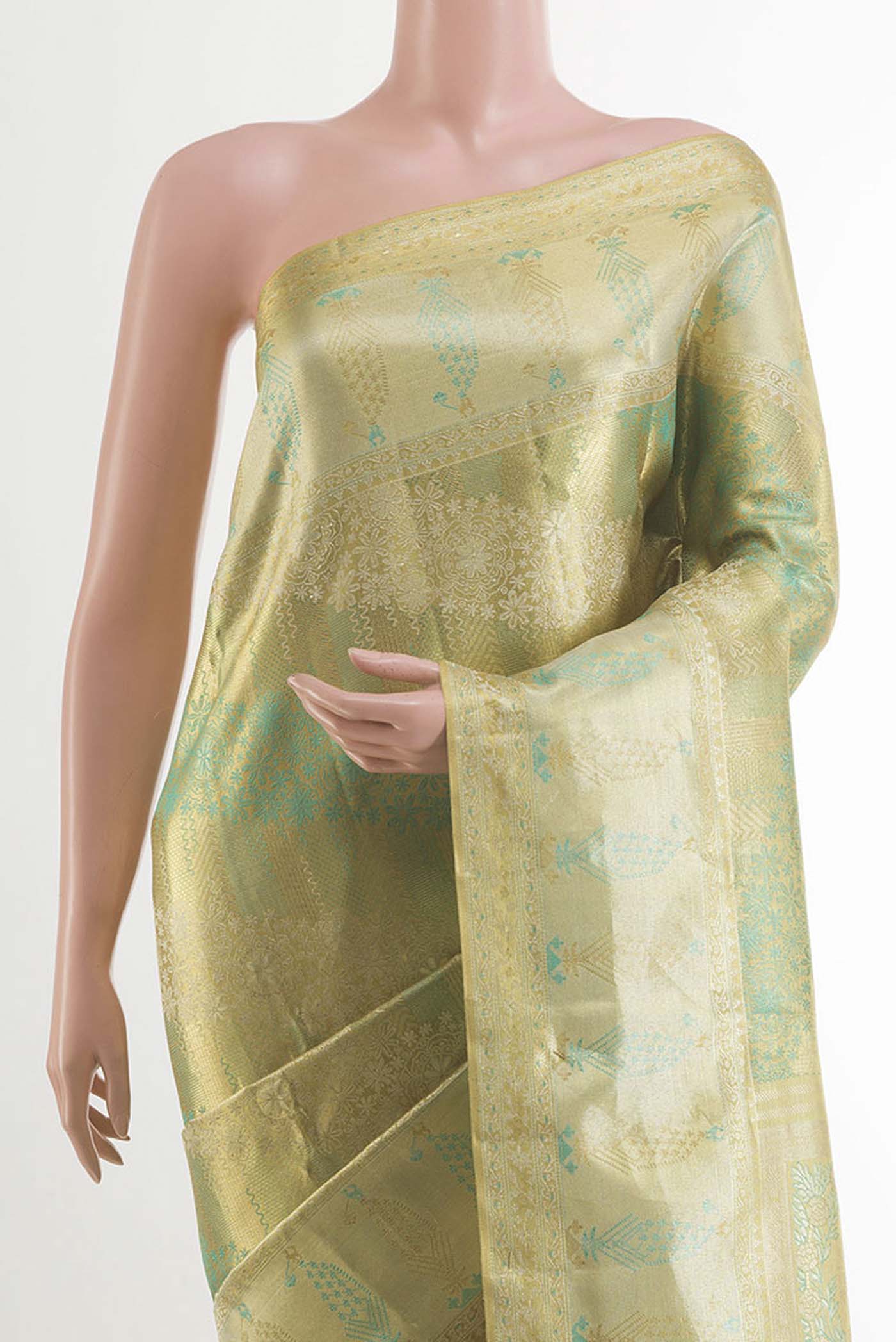 Gold with Light Green Color Kanjivaram Tissue Silk Saree - Image 2