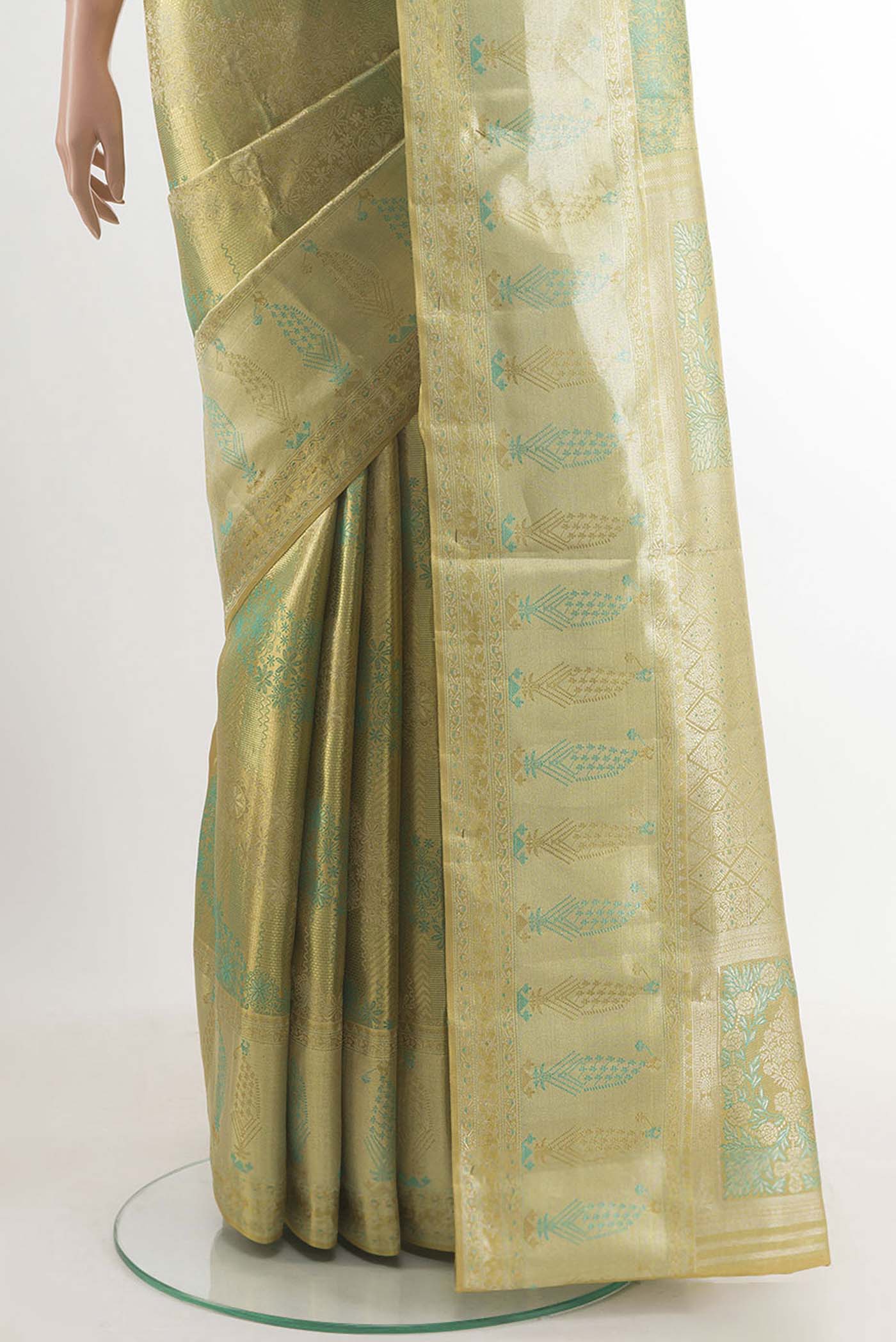 Gold with Light Green Color Kanjivaram Tissue Silk Saree - Image 3