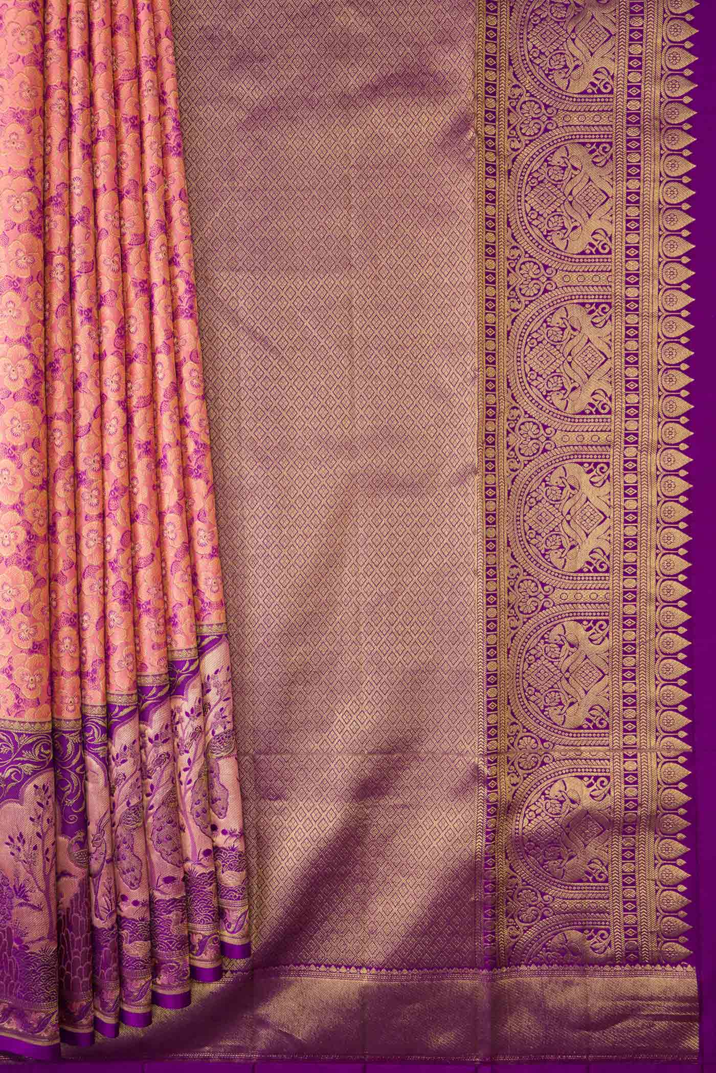 Golden Peach Dual Tone Kanjivaram Silk Saree - Image 4