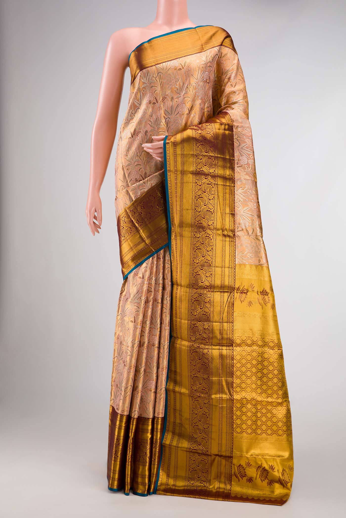 Golden Peach Dual Tone Kanchipuram Tissue Silk Saree