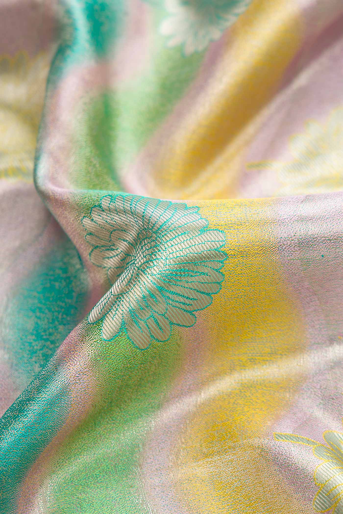 Lavender ,Turquoise and Yellow Color Kanjivaram Tissue Silk Saree - Image 2