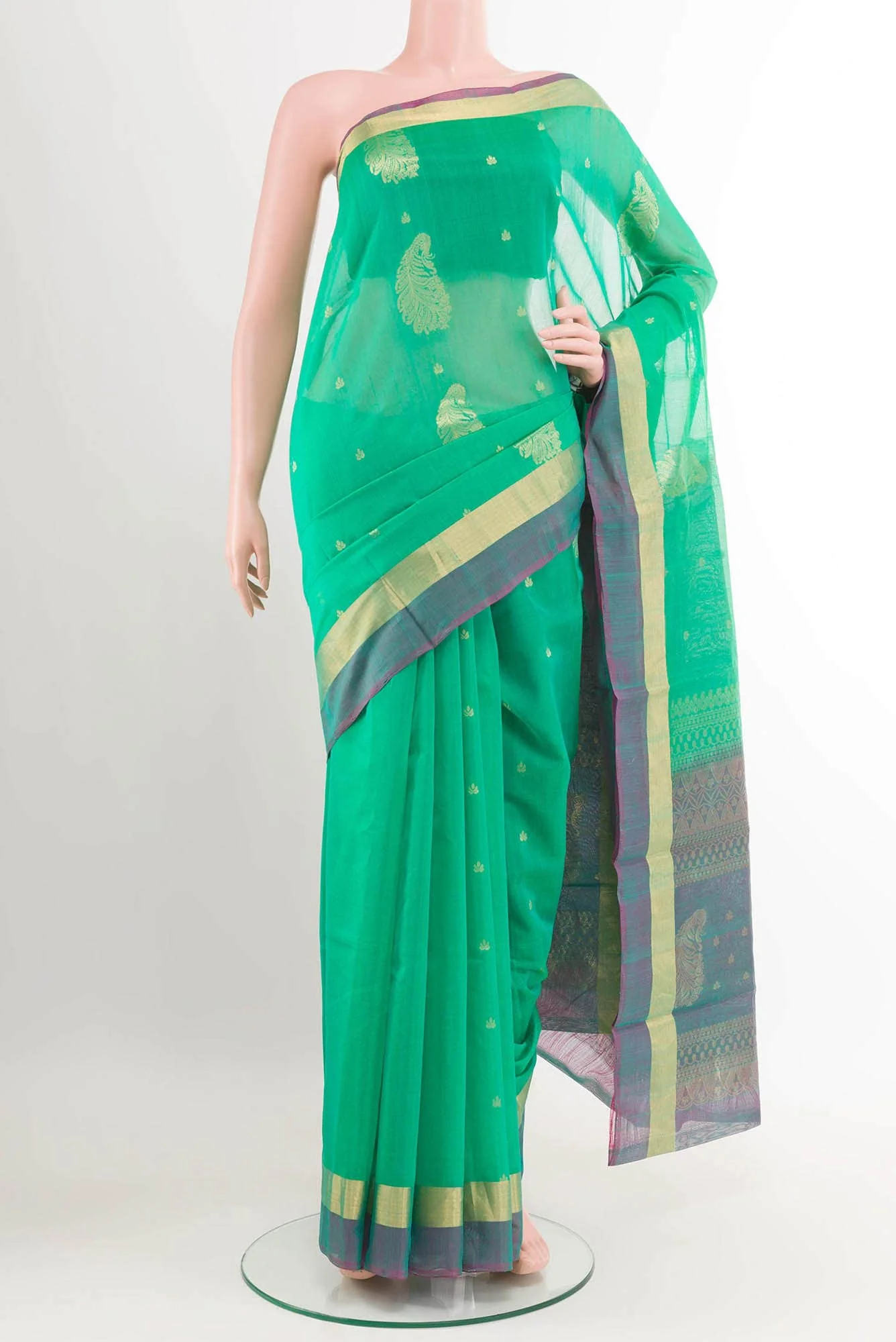 Green Blended Kora Cotton Saree