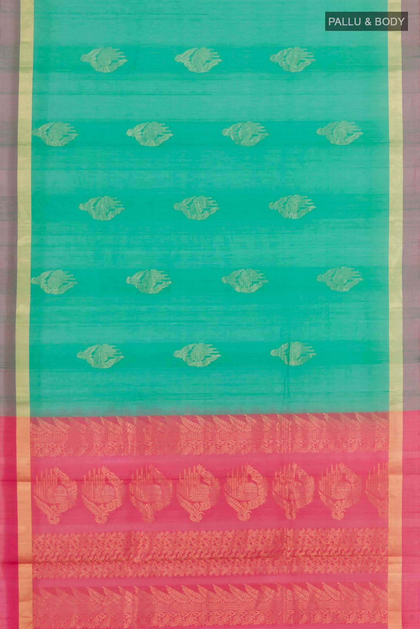 Green Blended Kora Cotton Saree - Image 3