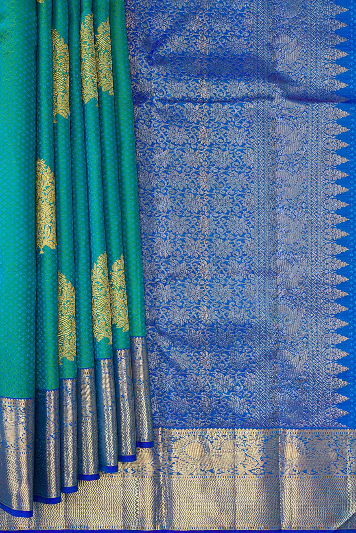 Blue with Green Color Kanchipuram Silk Saree - Image 5