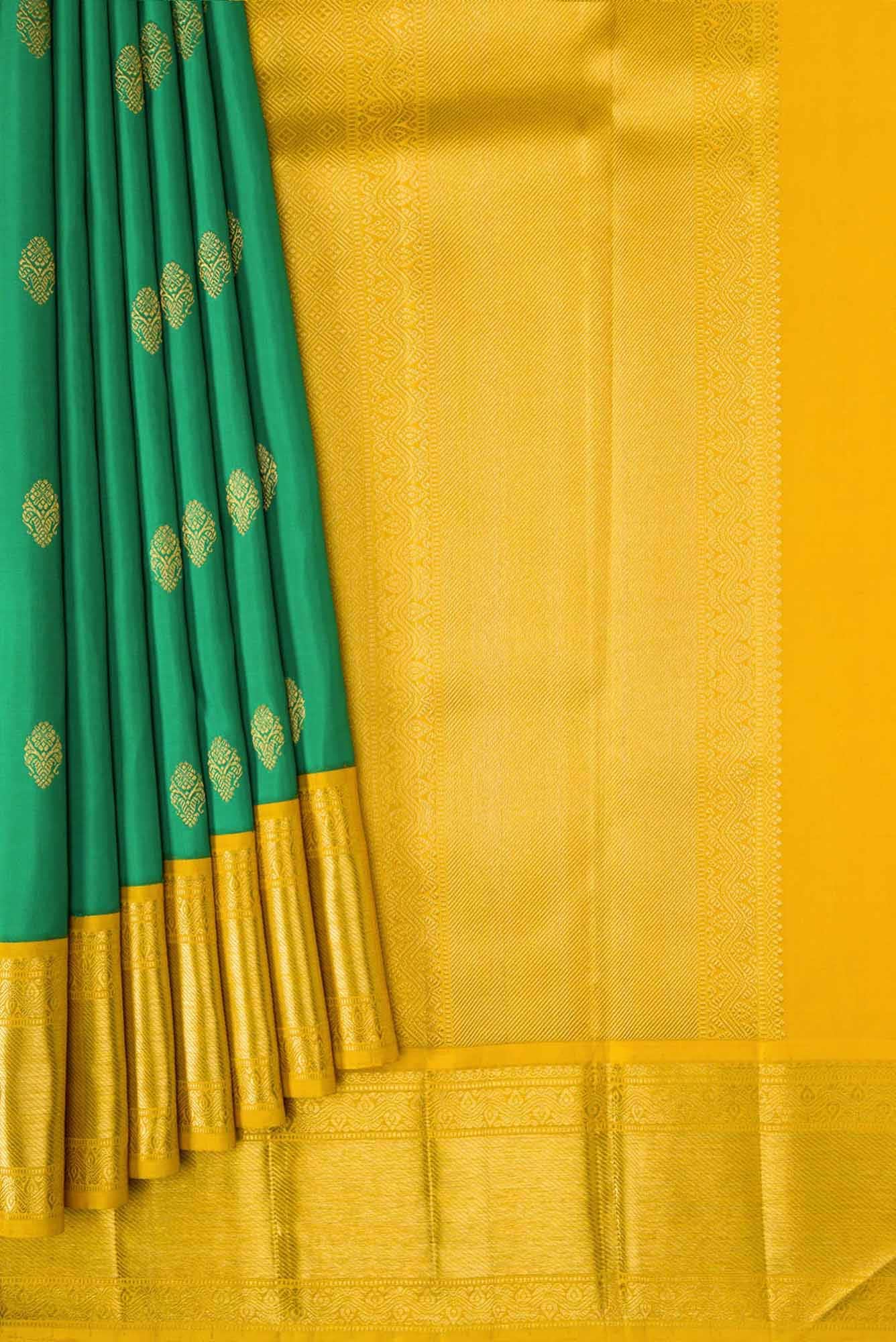 Pure Silk Pure Zari Green Dual Tone Kanjivaram Saree - Image 2