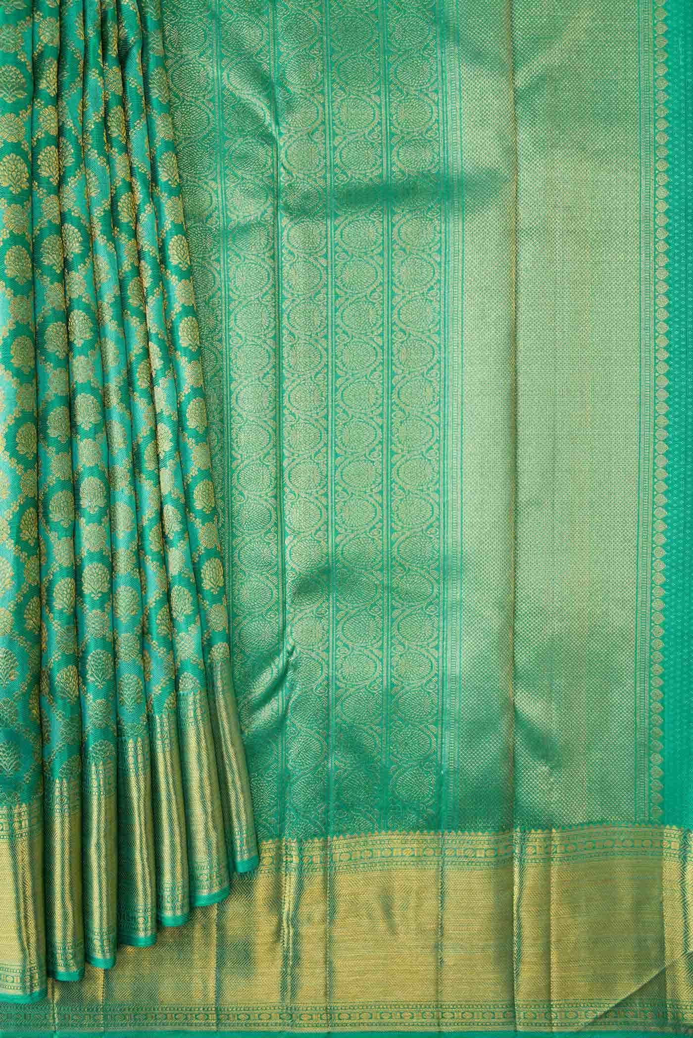 Pure Silk Pure Zari Green Dual Tone Kanjivaram Saree - Image 2