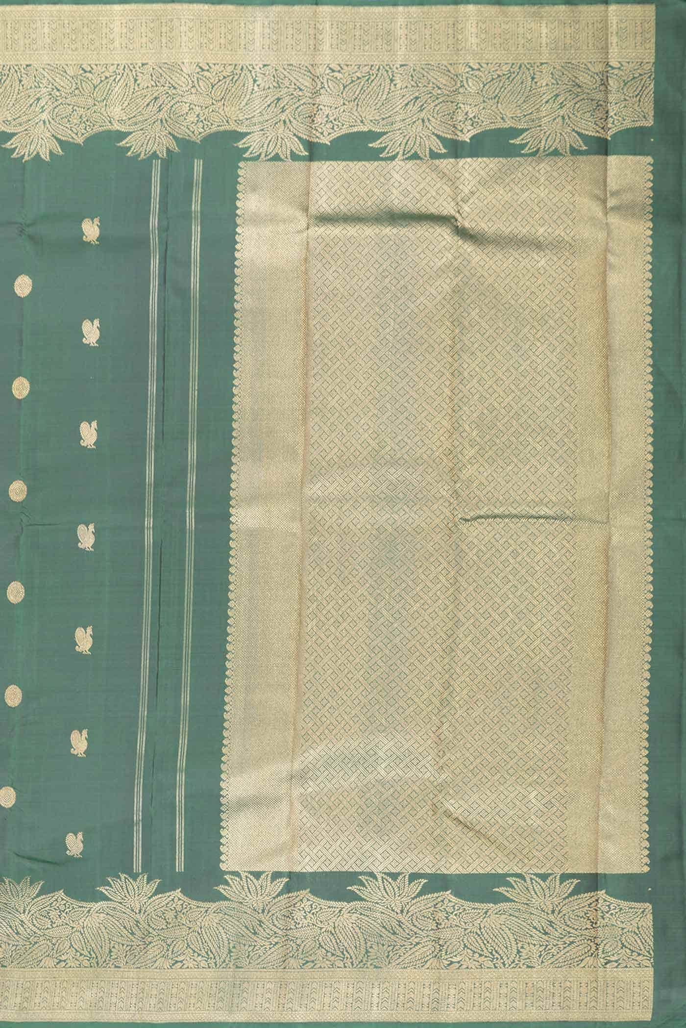 Pure Silk Pure Zari Green Dual Tone Kanchipuram Saree - Image 5
