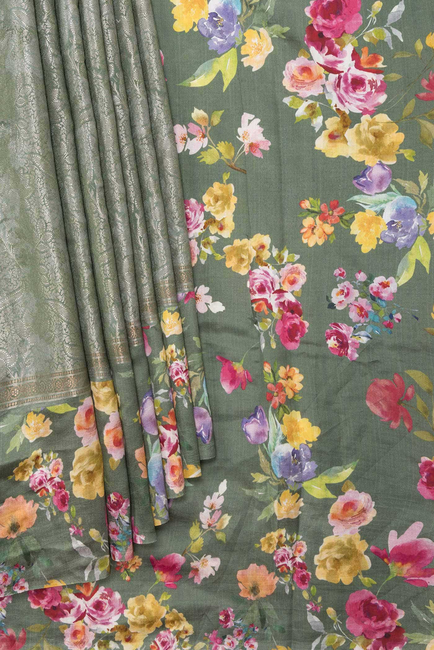 Green Dual Tone Tussar Silk Saree - Image 2