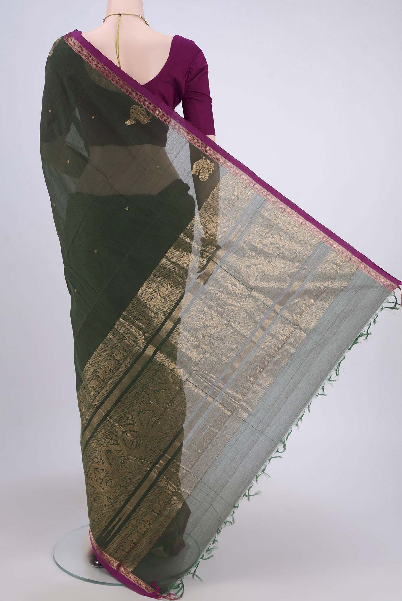 Green with Brown Color Kanchi Cotton Saree - Image 3