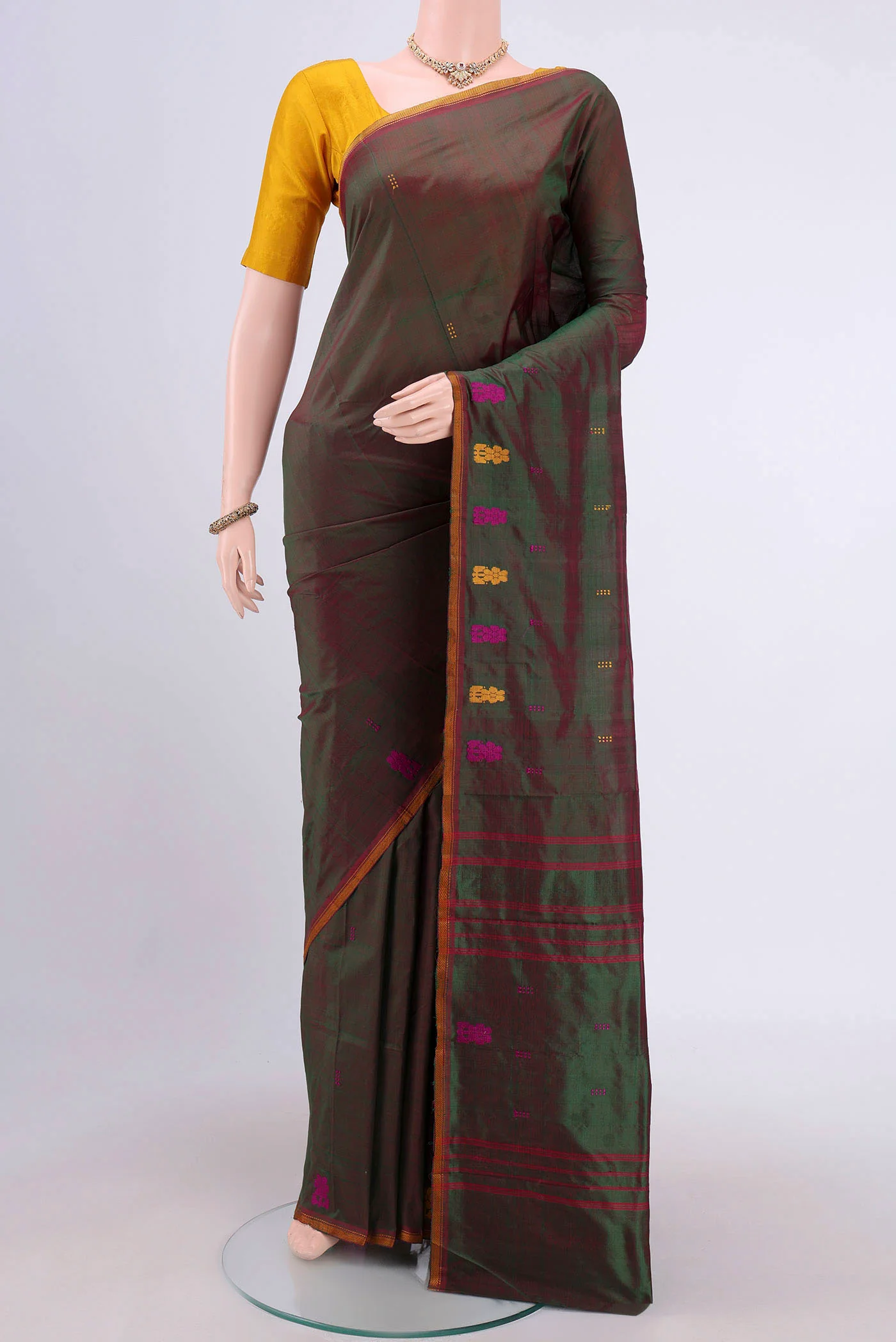 Green with Maroon Color Kanchipuram Silk Saree