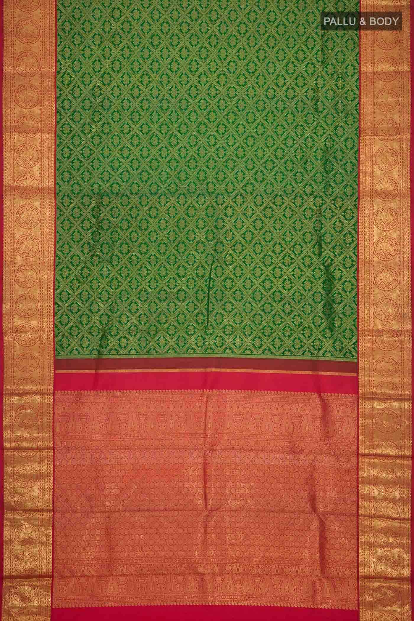 Pure Silk Pure Zari Green Kanjivaram Saree - Image 4