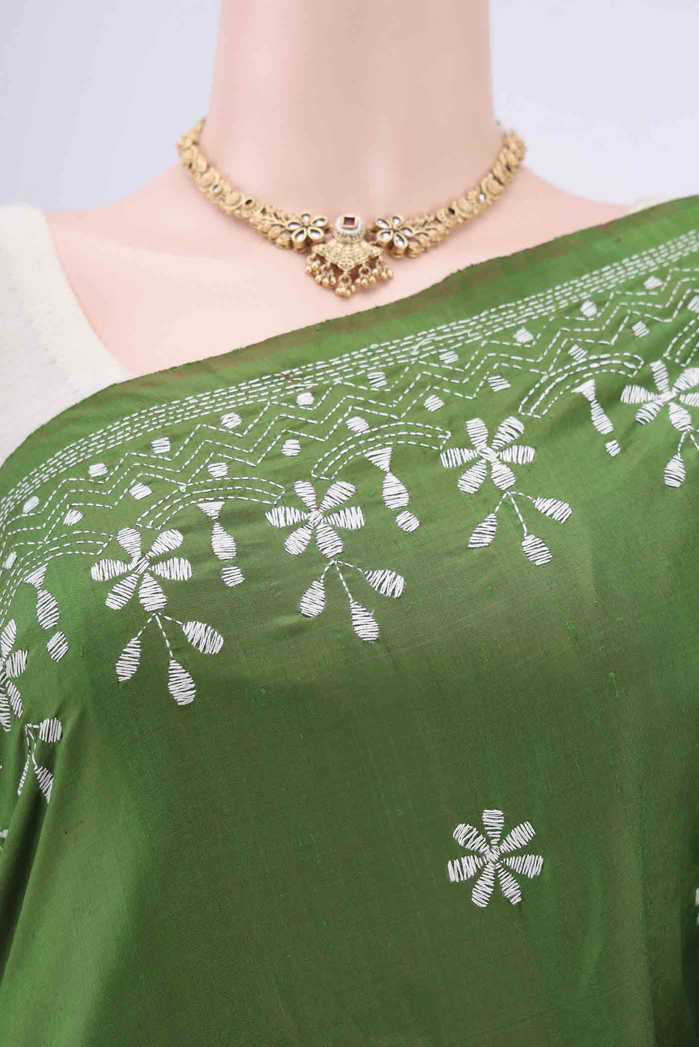 Green Kantha Silk Saree - Image 2
