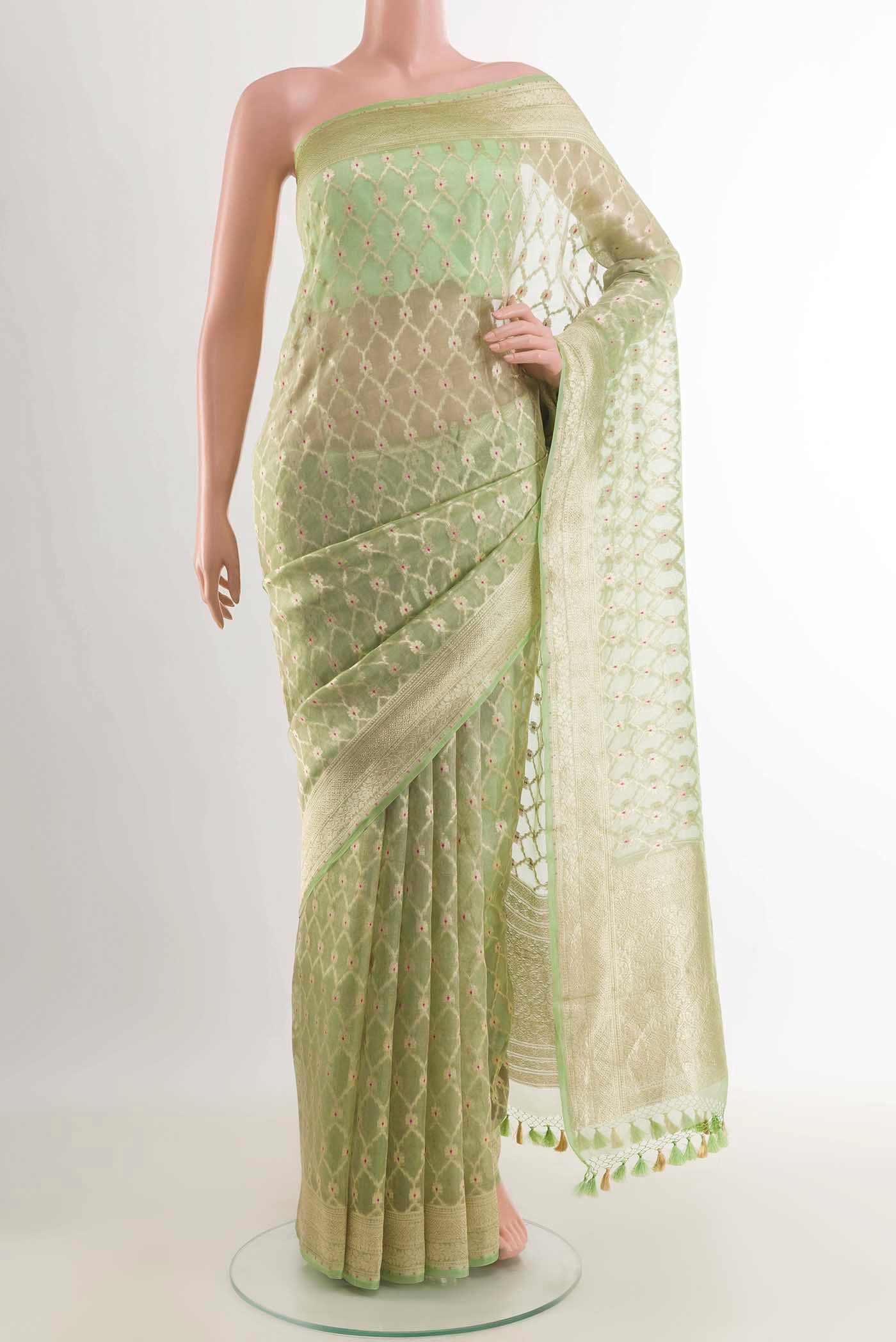 Light Green Banarasi Kora Silk Saree