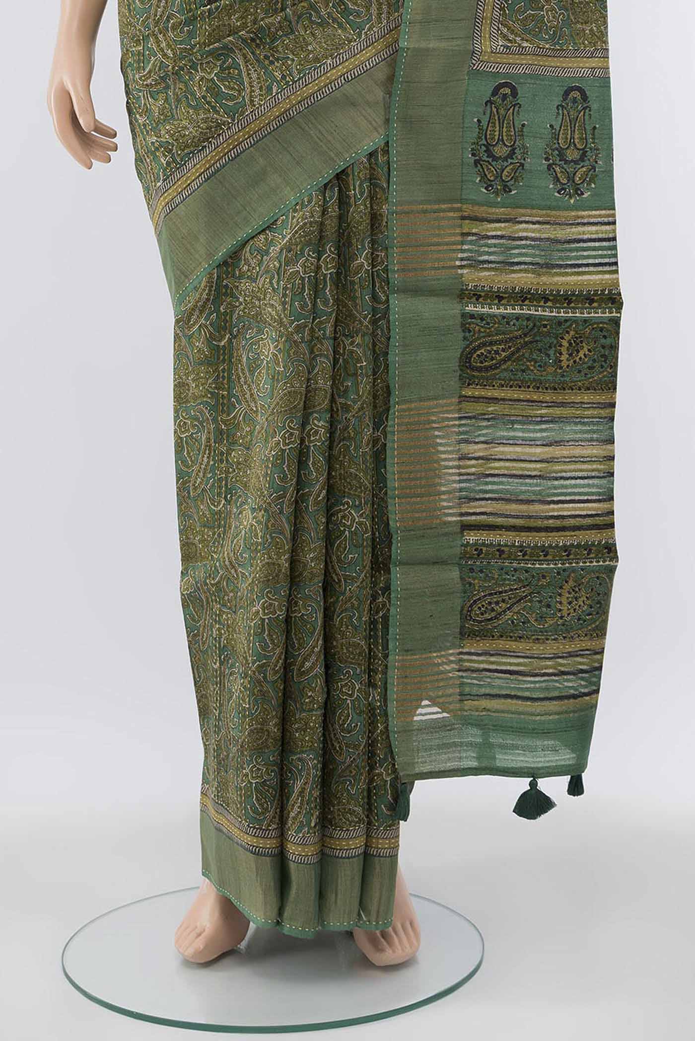 Green Tussar Silk Saree - Image 3