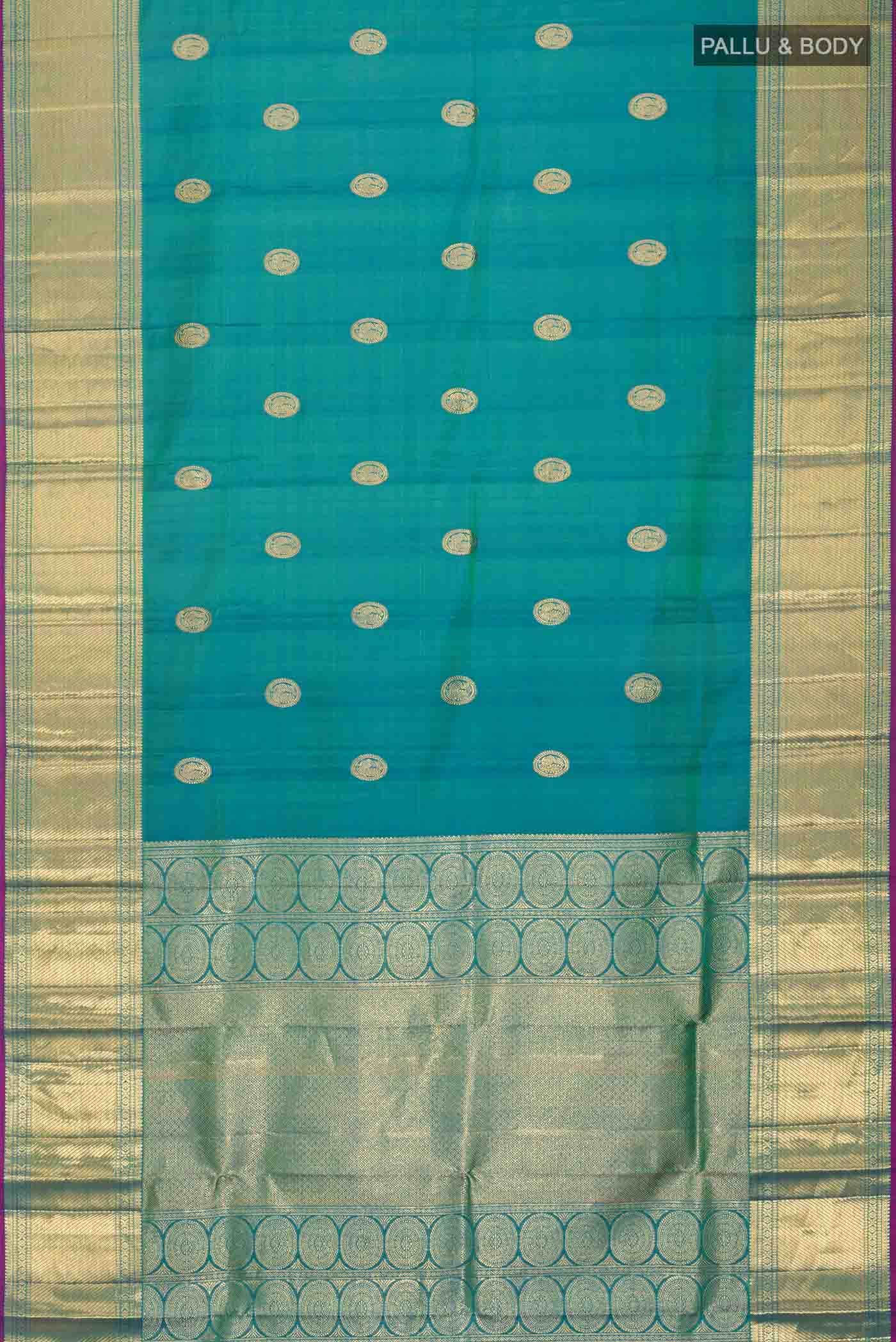 Green with Blue Dual Tone Kanjivaram Silk Saree - Image 4
