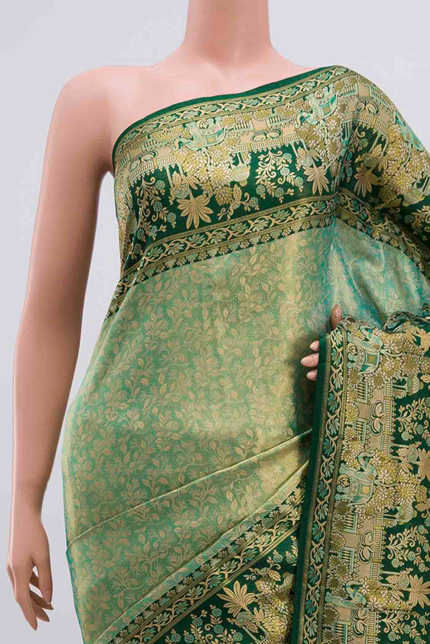 Green with Gold Color Kanjivaram Tissue Silk Saree - Image 2
