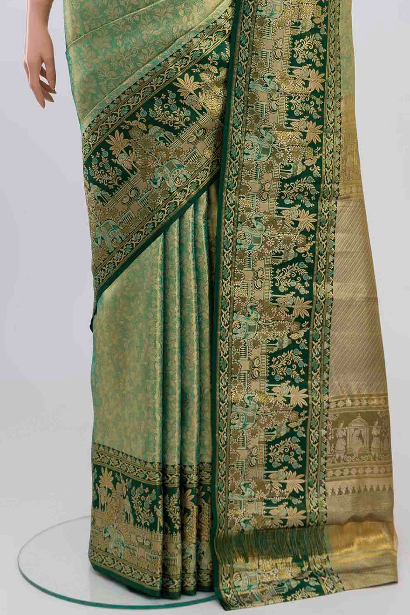 Green with Gold Color Kanjivaram Tissue Silk Saree - Image 3
