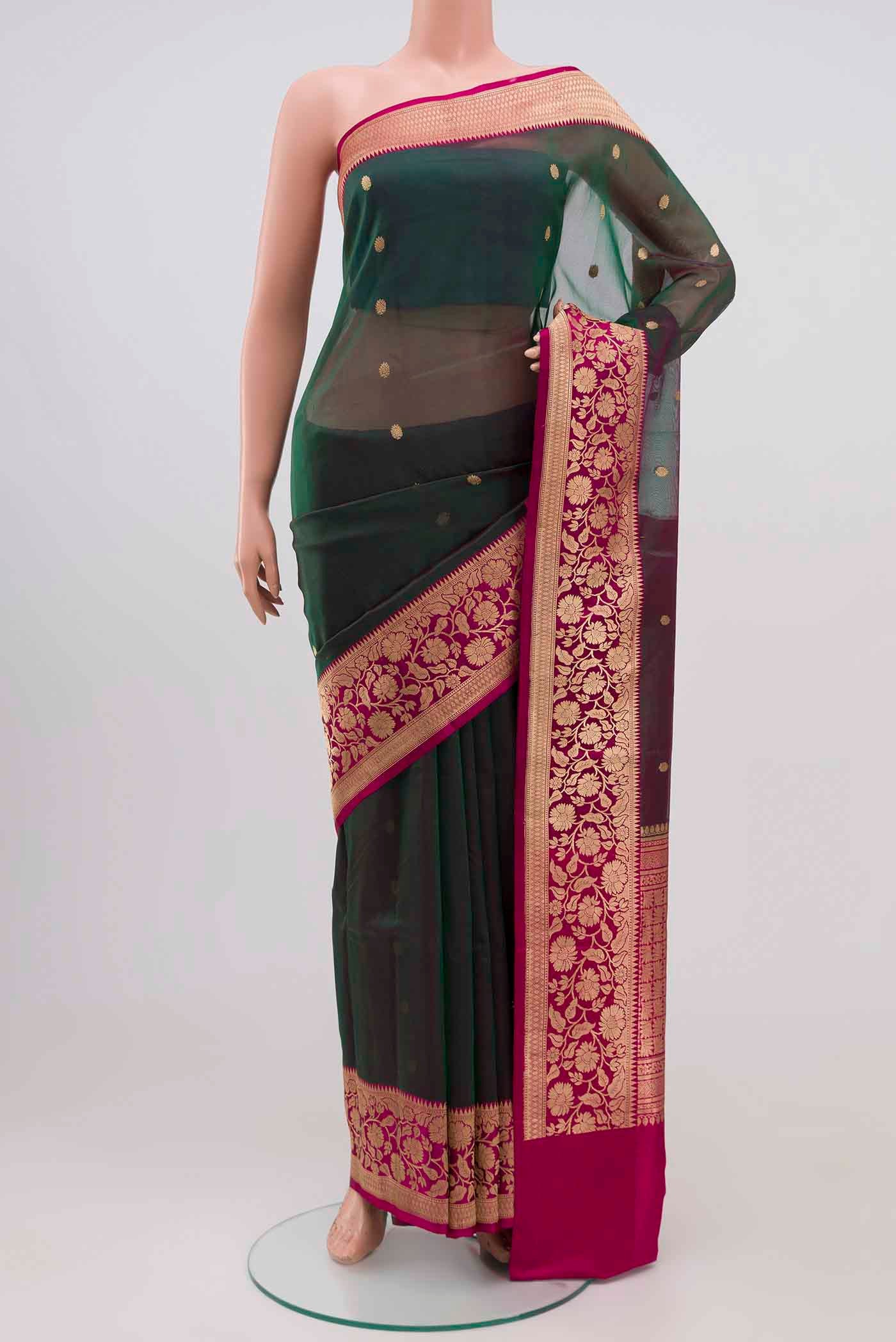 Green with Pink Color Banarasi Kora Silk Saree
