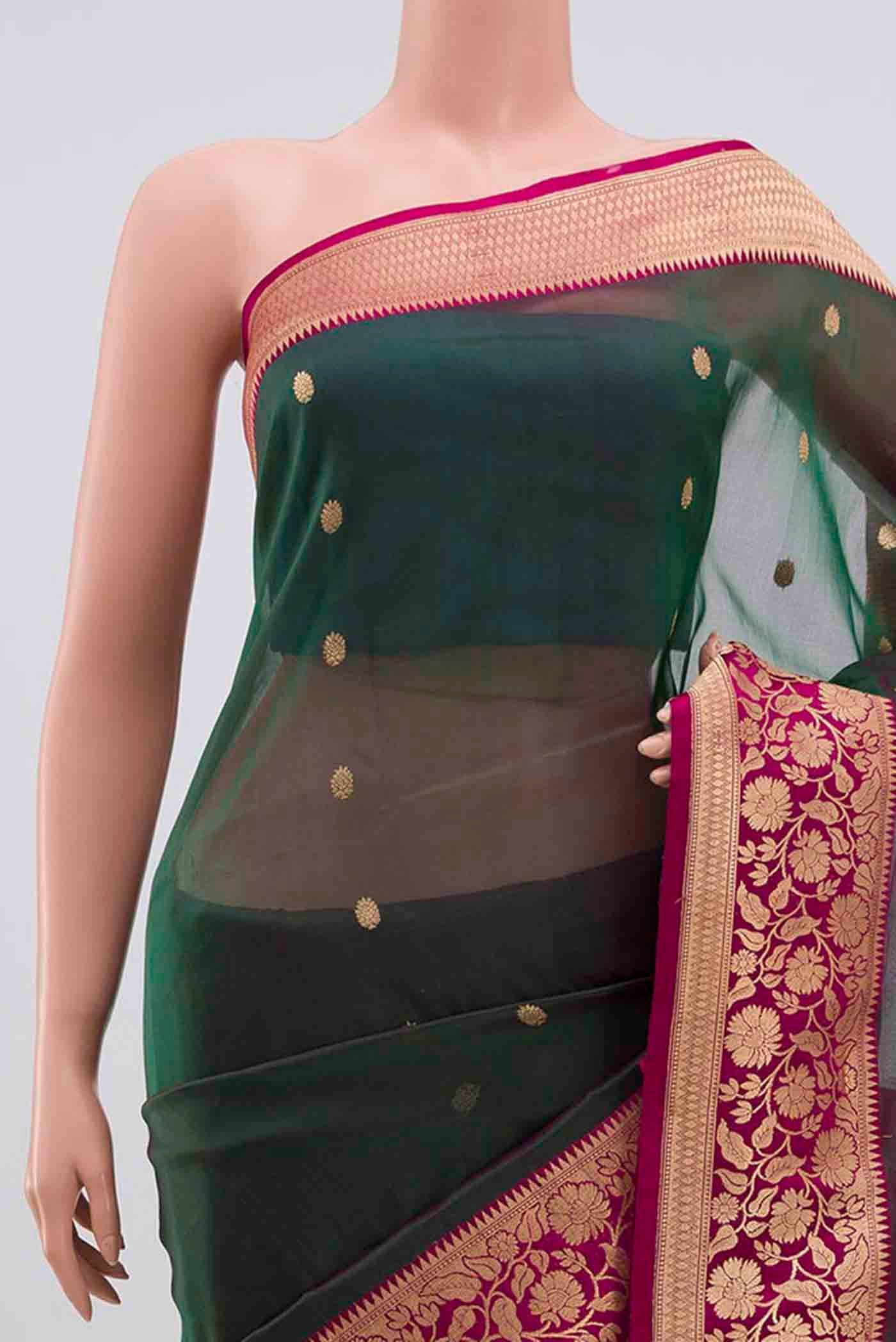 Green with Pink Color Banarasi Kora Silk Saree - Image 2
