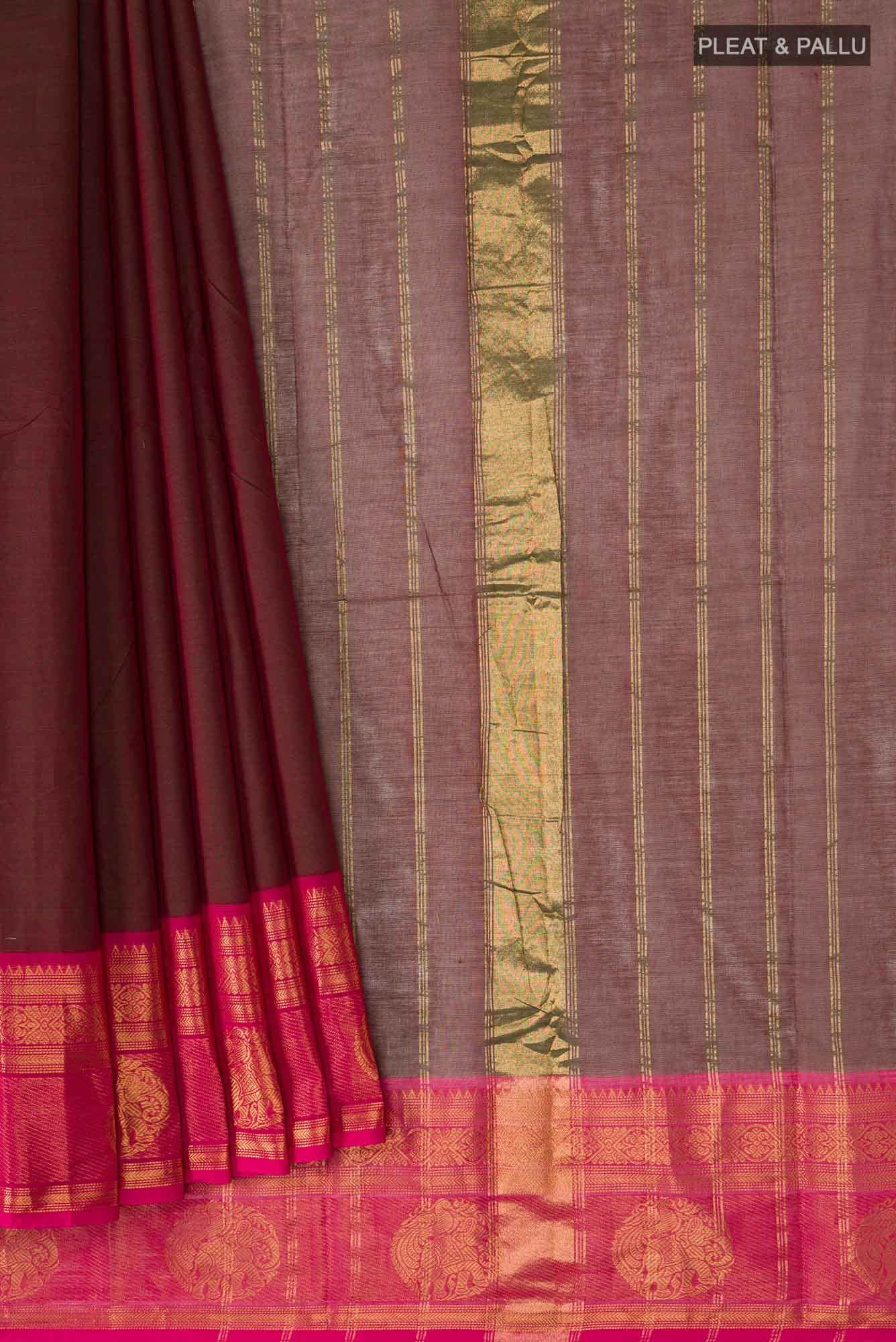 Green with Red Dual Tone Kanchi Cotton Saree - Image 2