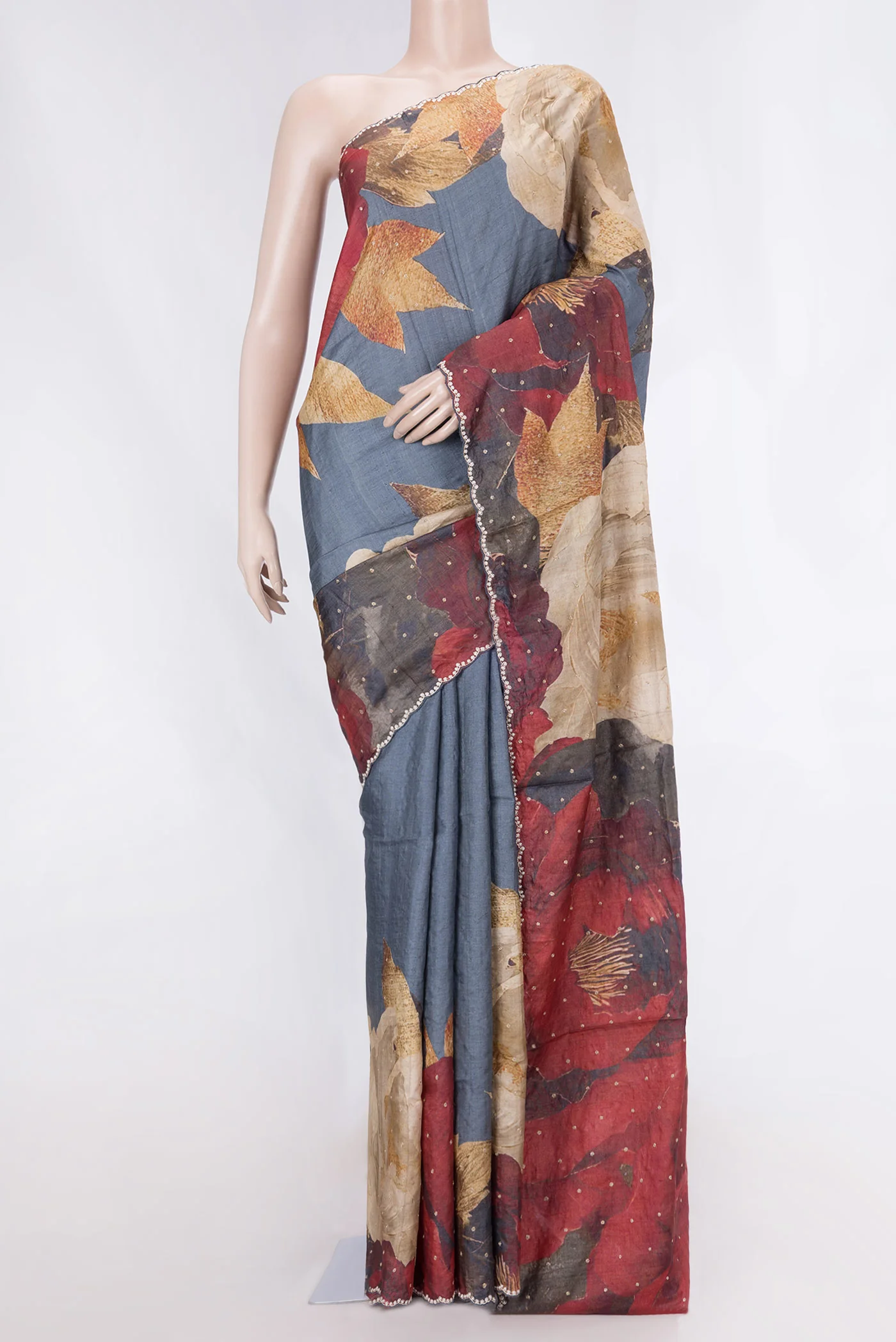 Blue Grey Tussar Silk Saree