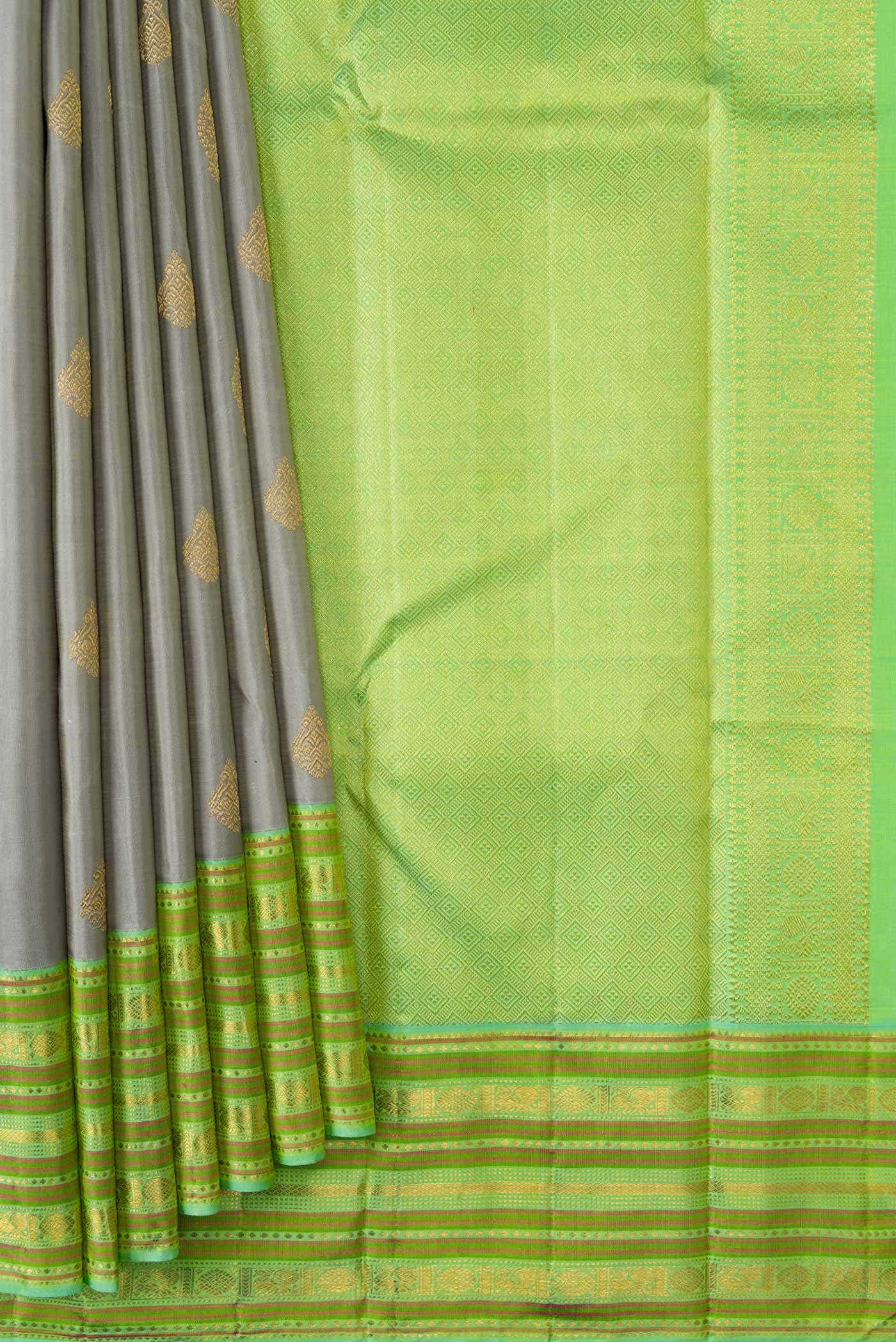 Pure Silk Pure Zari Grey Kanchipuram Saree - Image 2