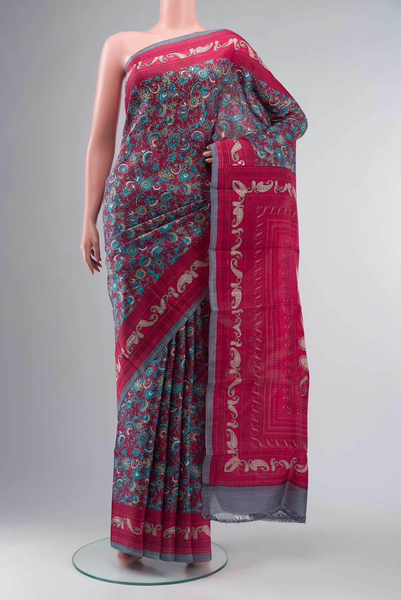 Grey Printed Silk Saree