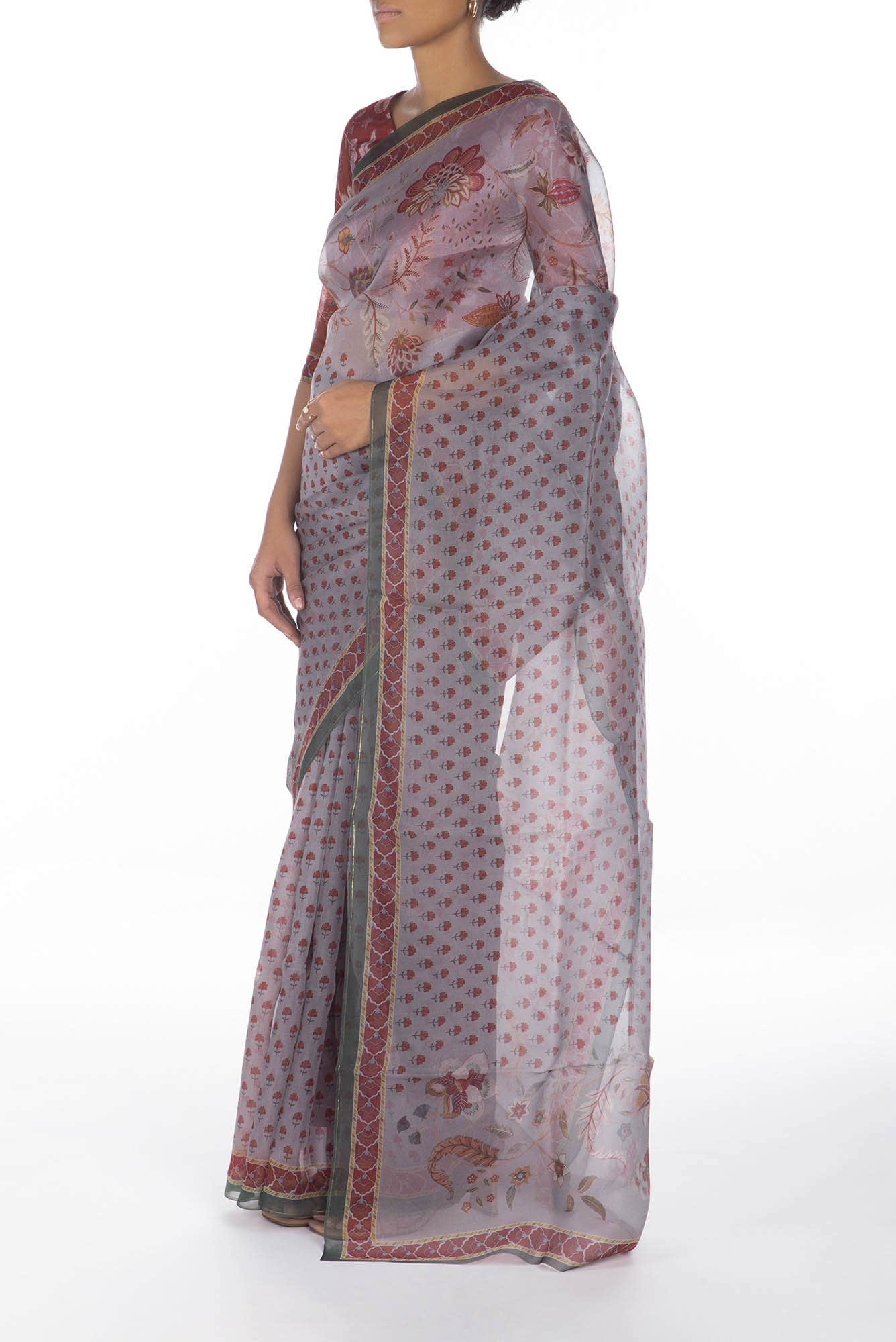 Pushpavalli Grey floral design saree from Chintz Collection, Designed by Nalli - Image 3