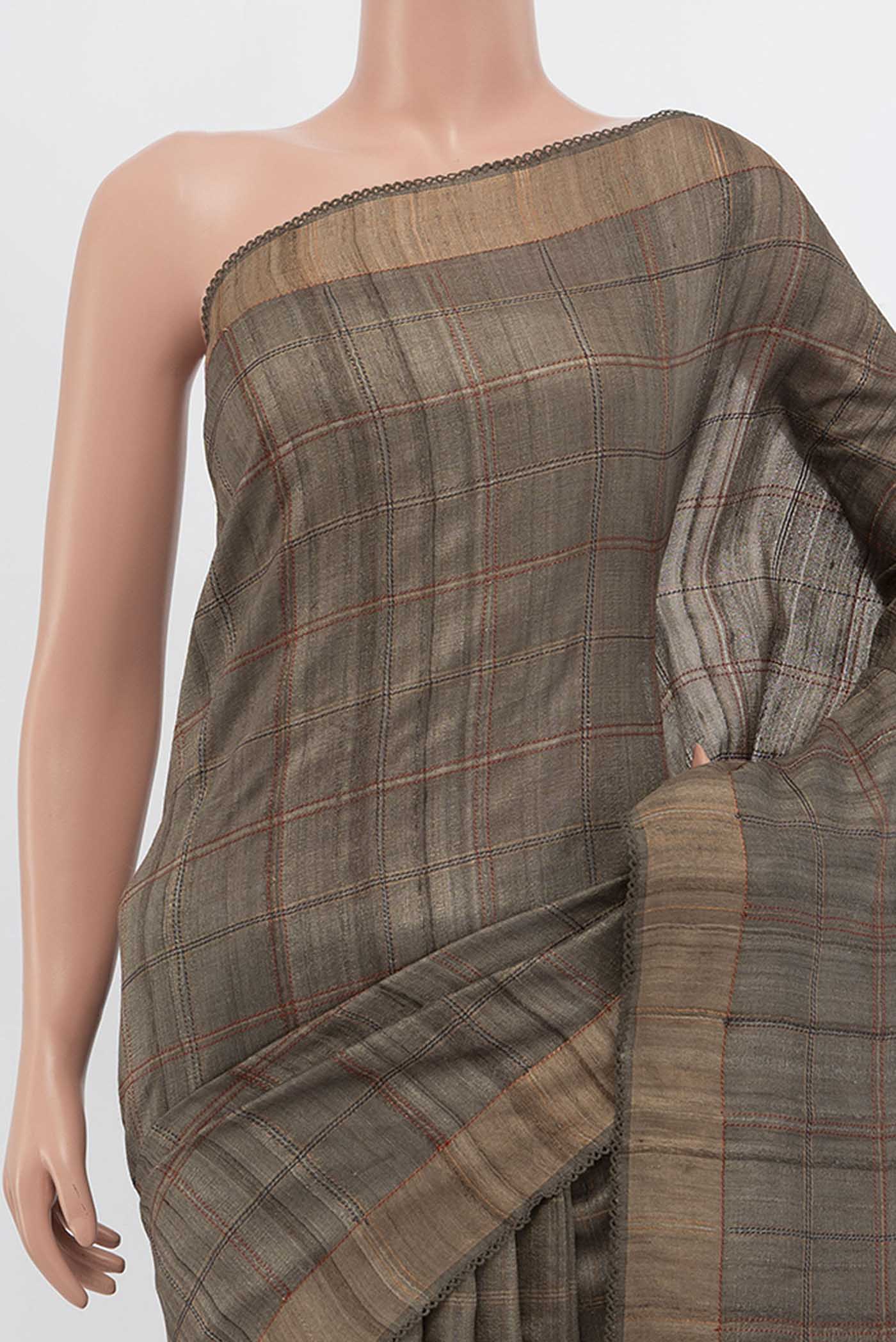 Grey Tussar Silk Saree - Image 2