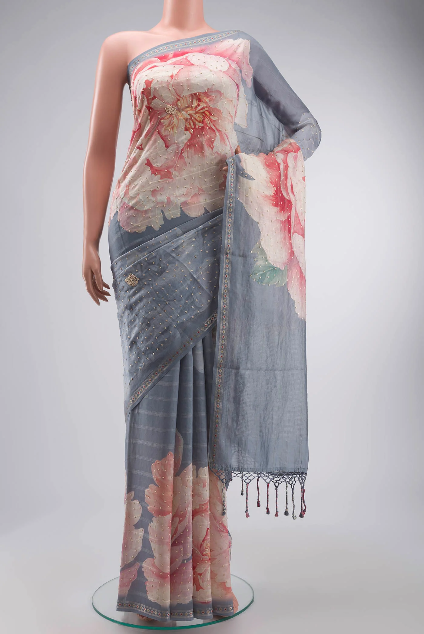 Grey Tussar Silk Saree