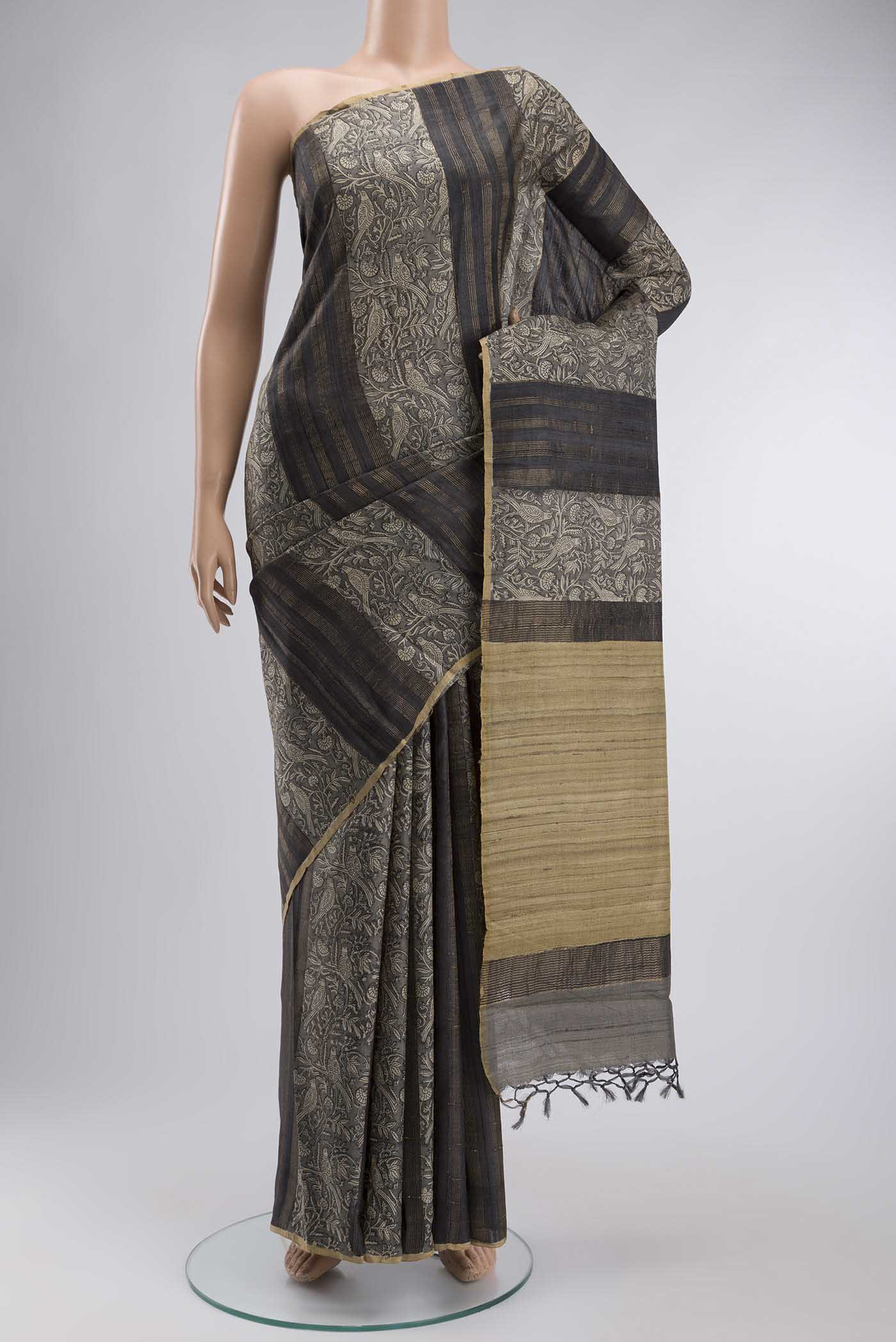 Grey Tussar Silk Saree