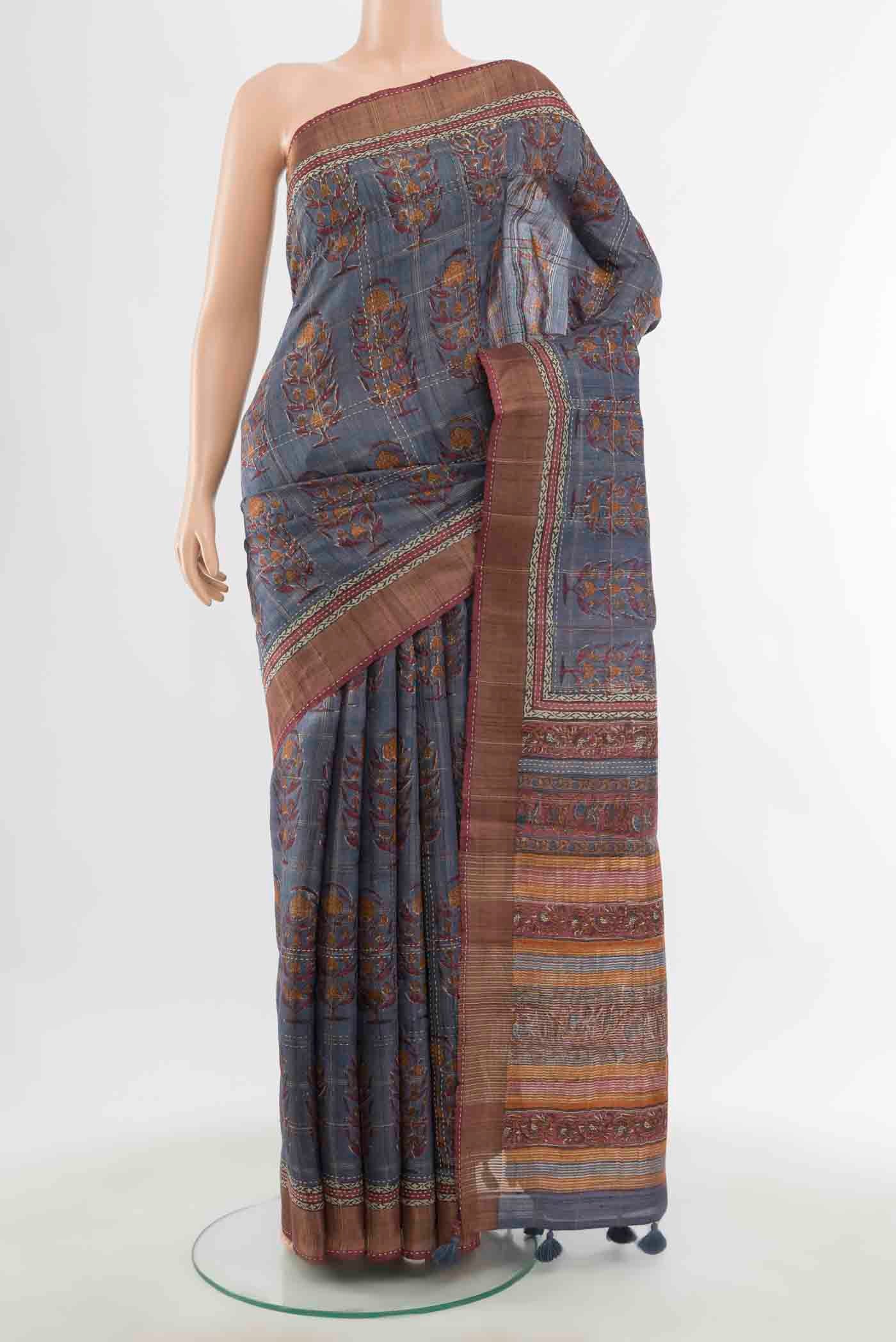 Grey Tussar Silk Saree